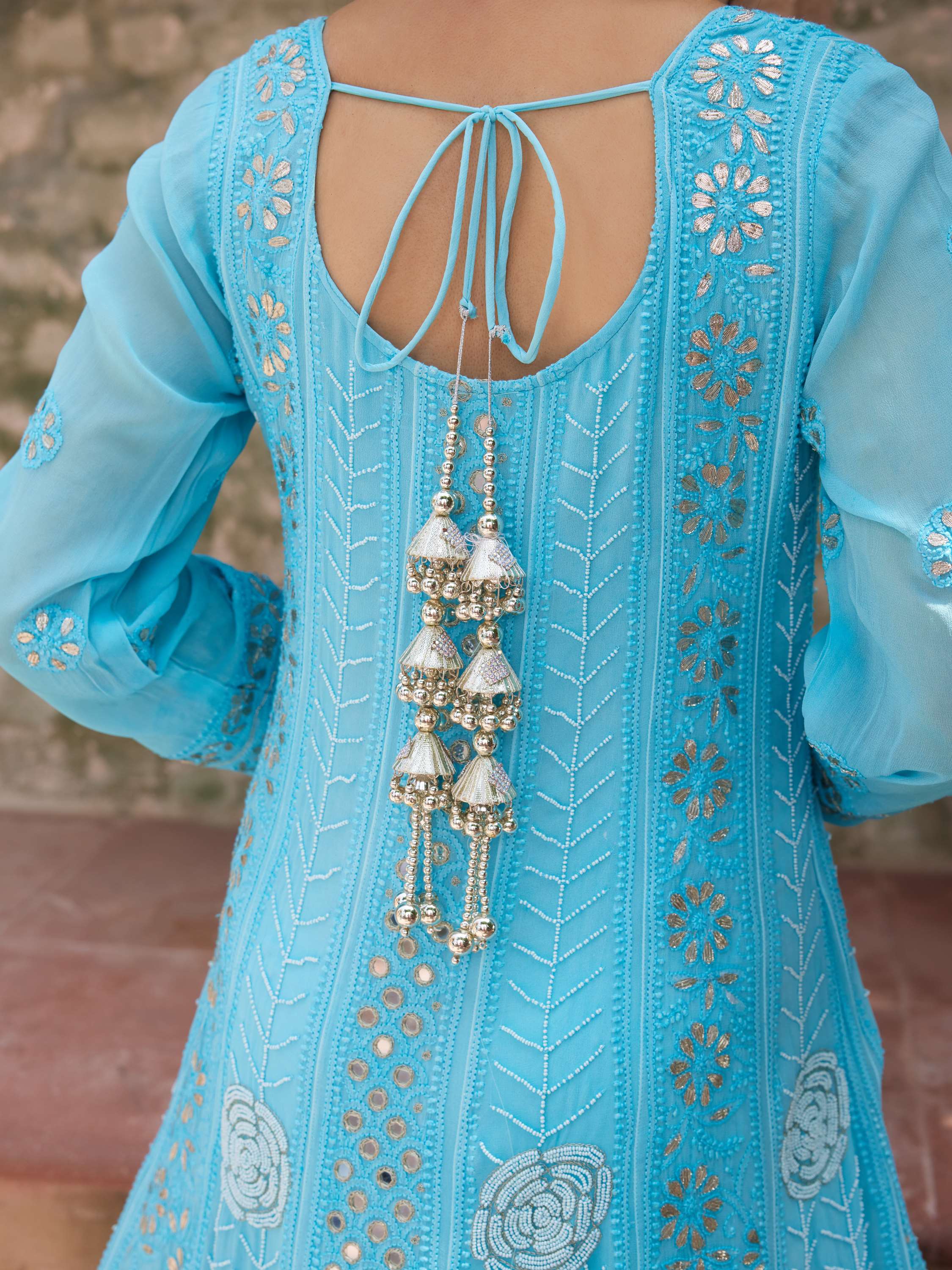 Azure Blue Gota Pearl Chikankari With Mirror Anarkali Suit