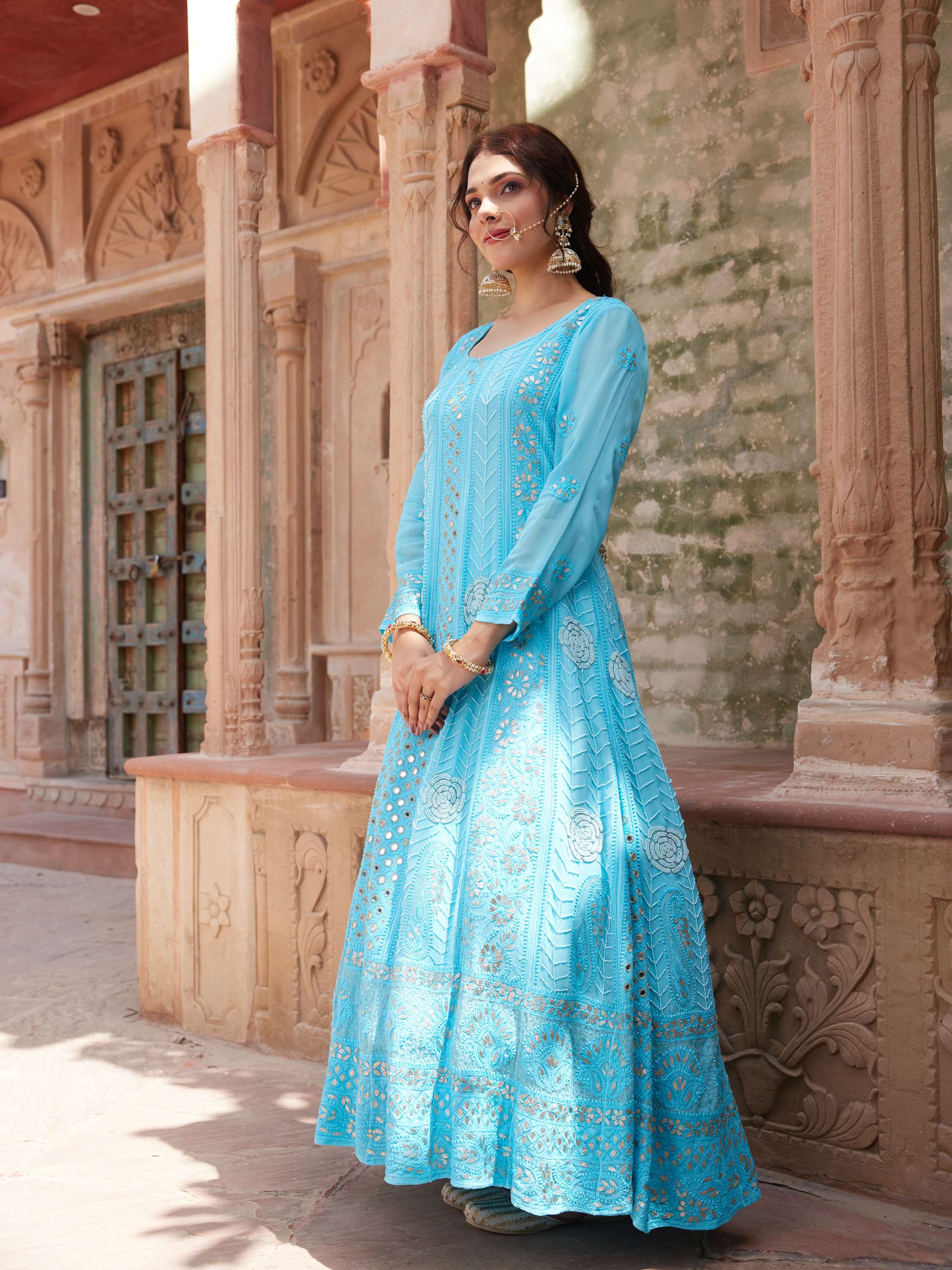 Azure Blue Gota Pearl Chikankari With Mirror Anarkali Suit