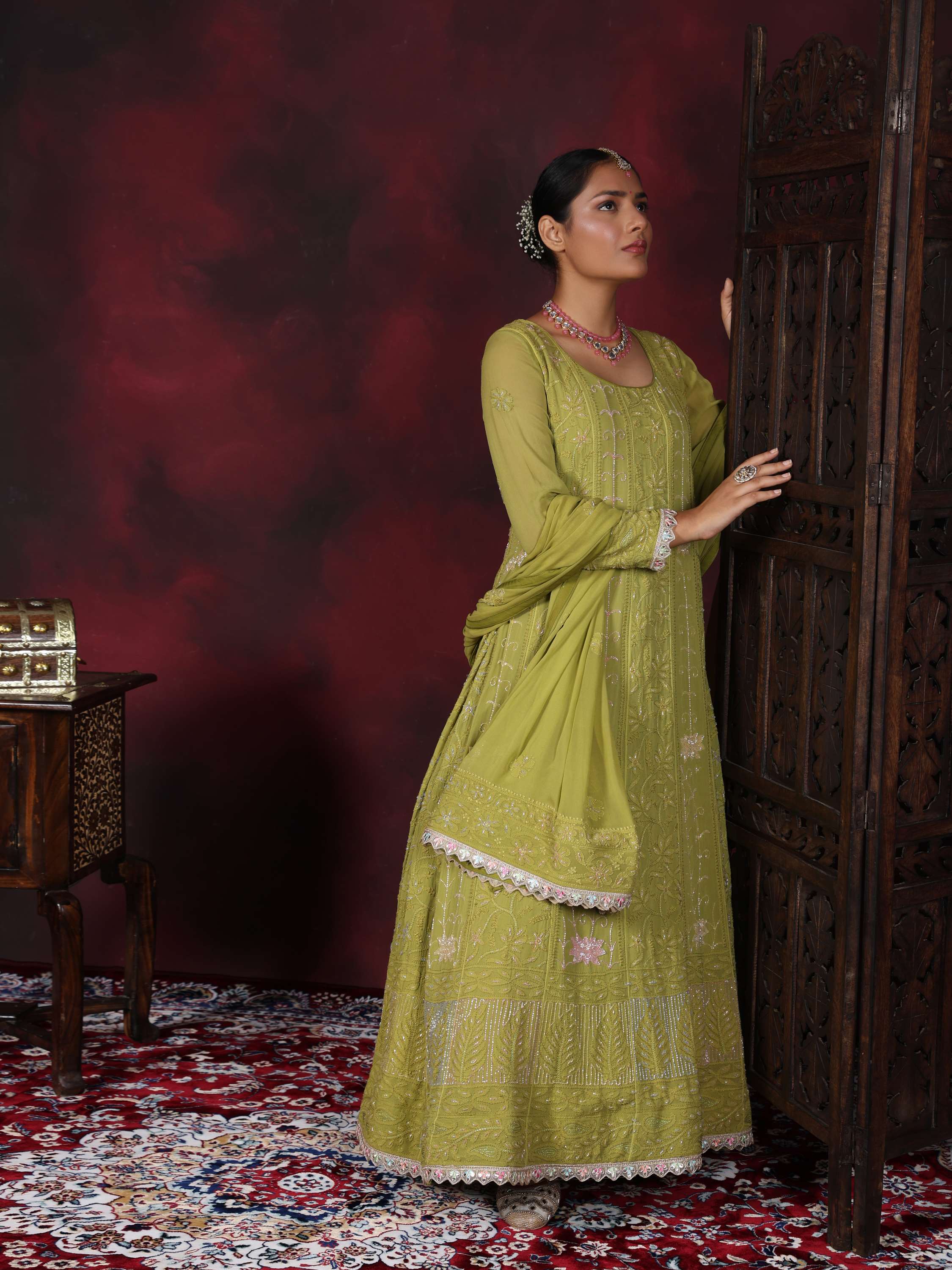 Pear Green Chikankari Pearl With Sequence Anarkali Suit