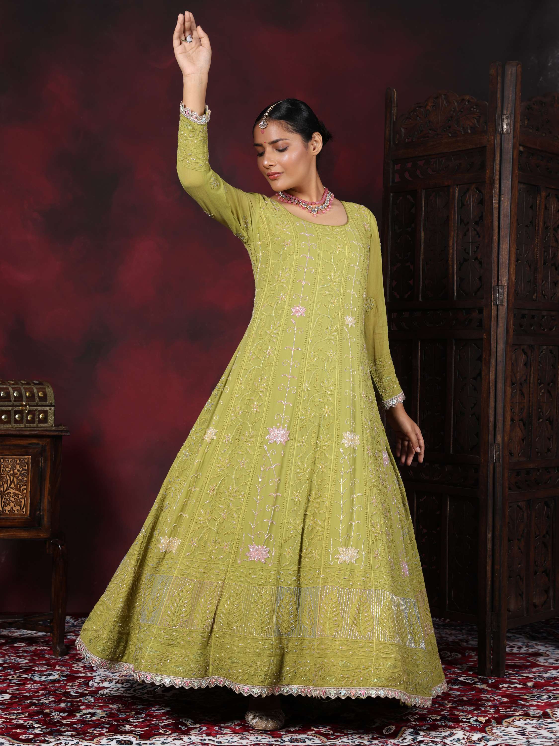 Pear Green Chikankari Pearl With Sequence Anarkali Suit