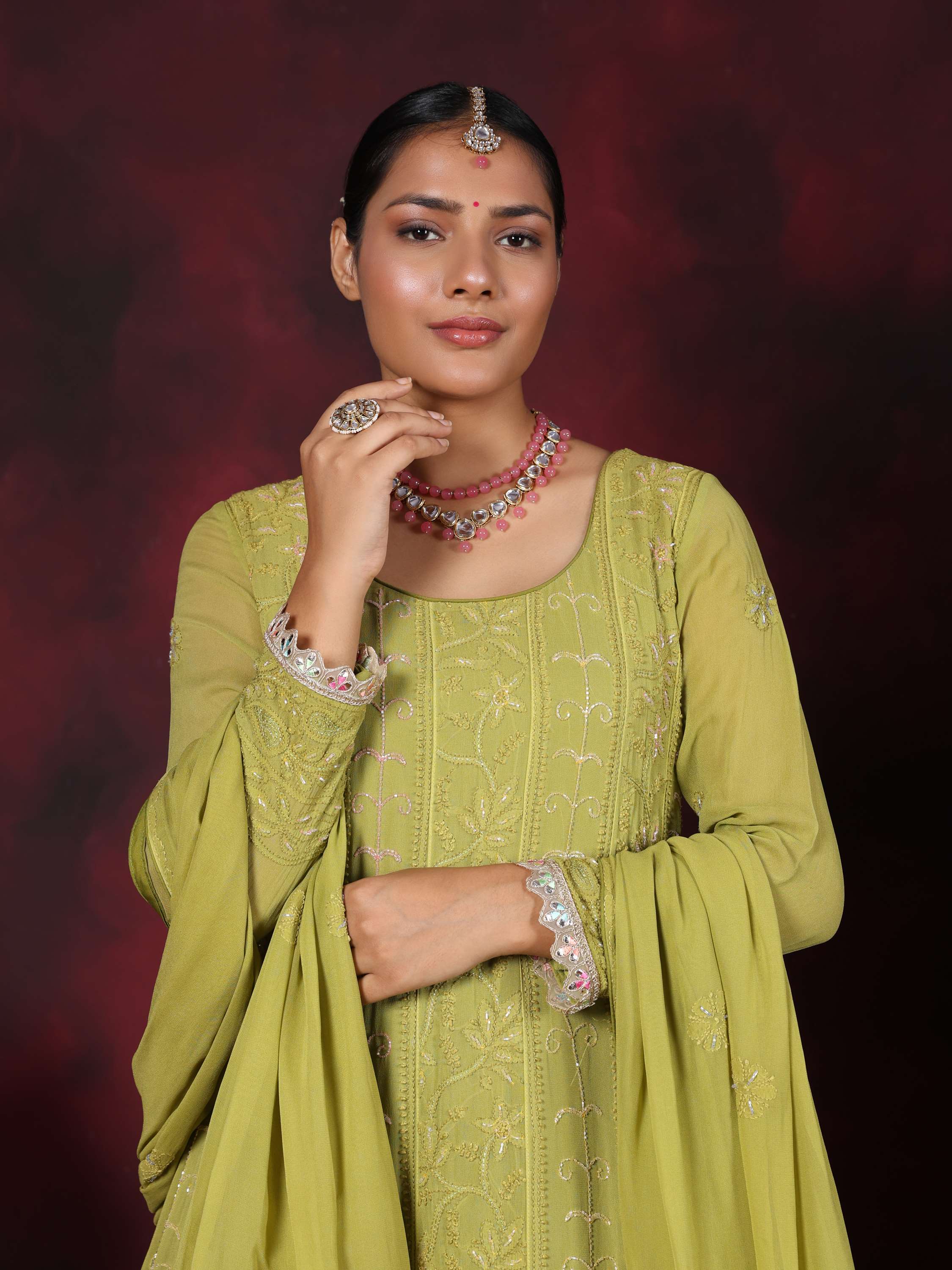 Pear Green Chikankari Pearl With Sequence Anarkali Suit