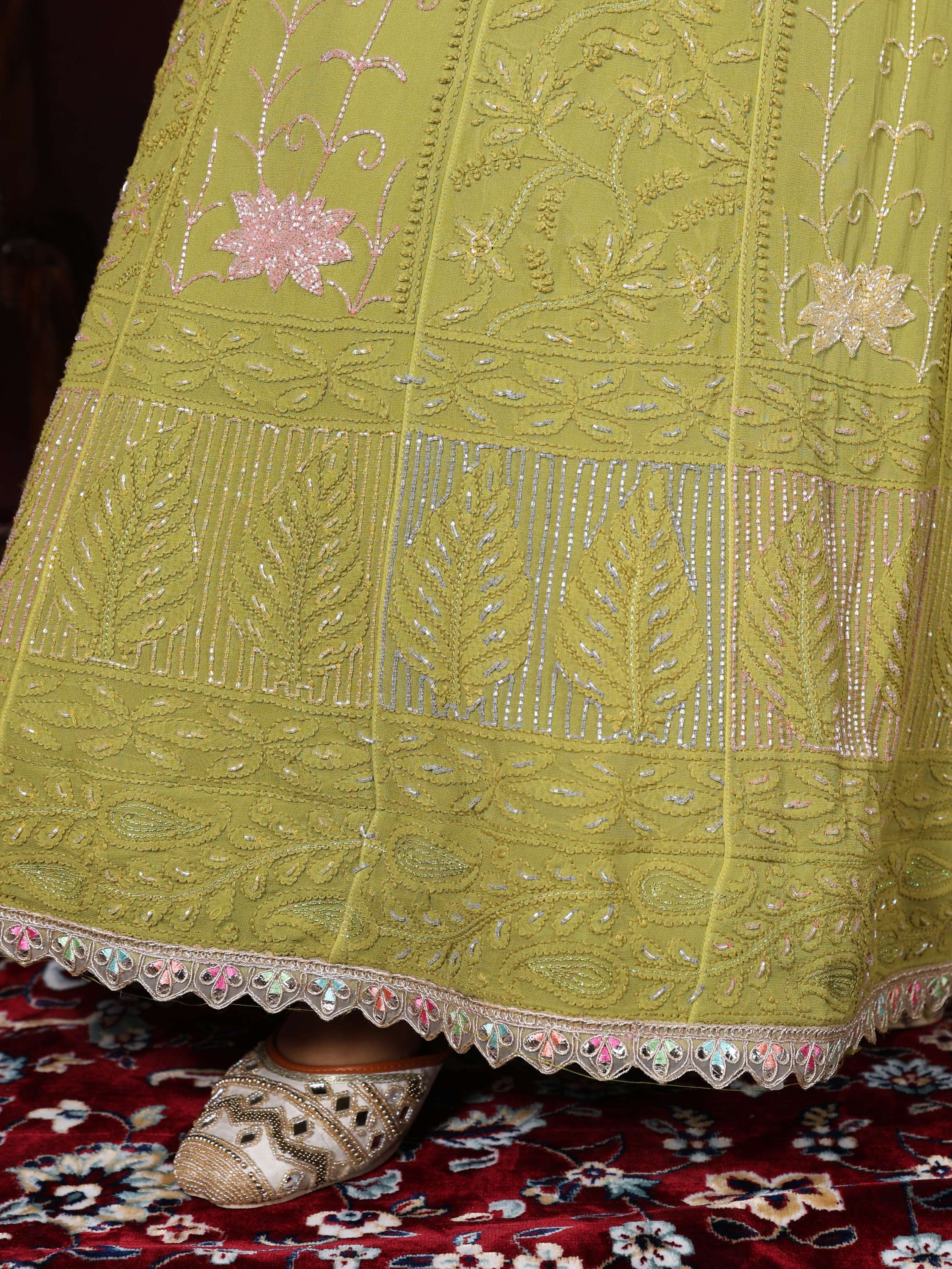 Pear Green Chikankari Pearl With Sequence Anarkali Suit