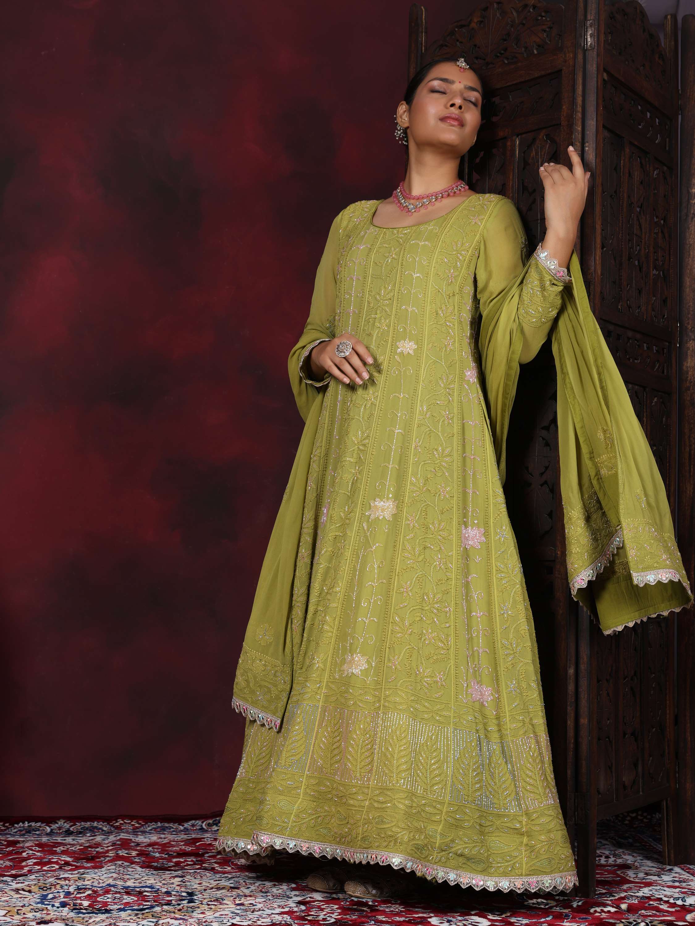 Pear Green Chikankari Pearl With Sequence Anarkali Suit