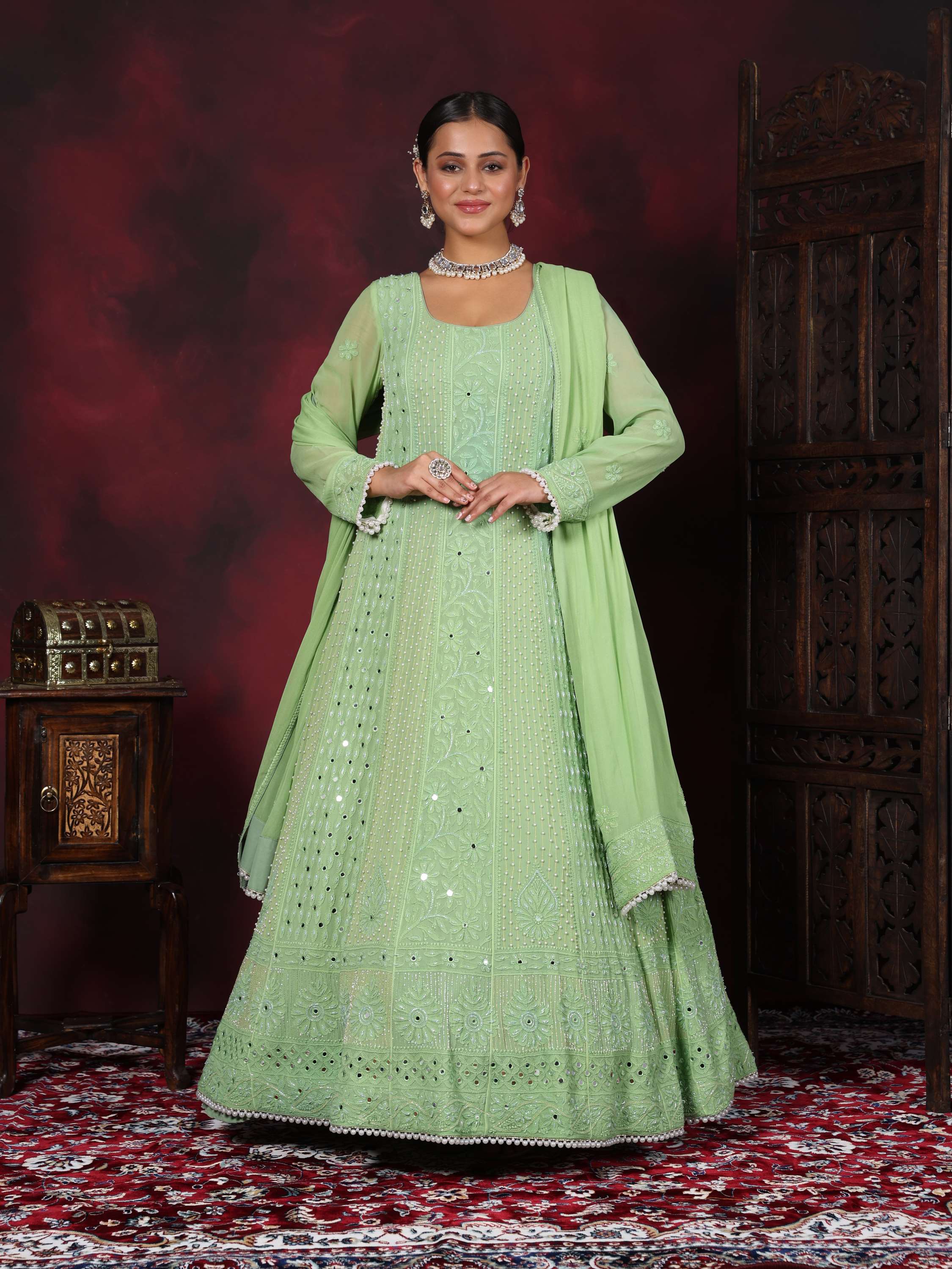 Fern Green Designer Pearl With Mirror Chikankari Anarkali Suit
