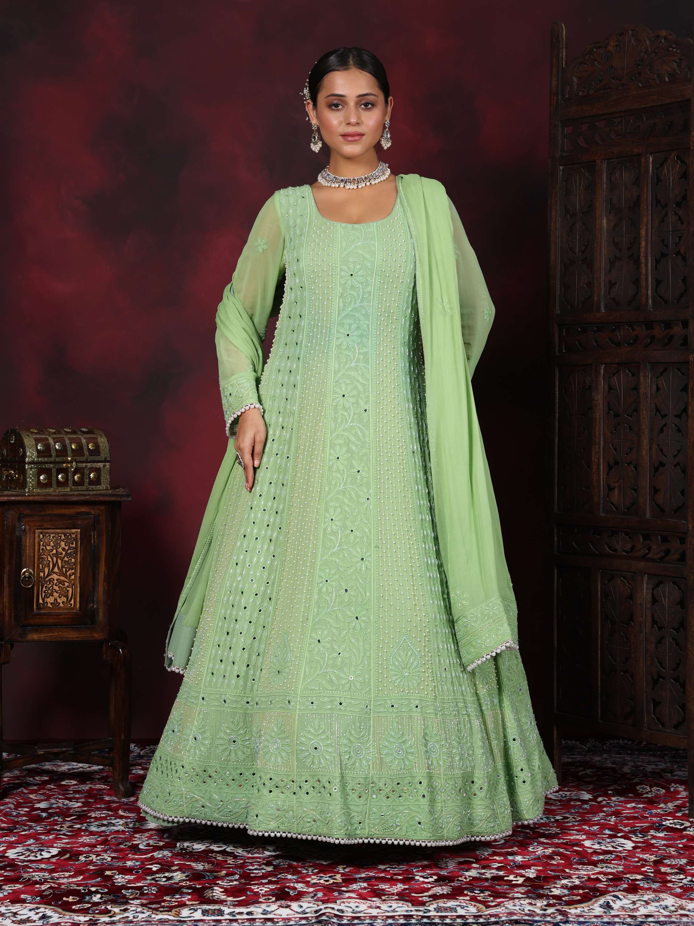 Fern Green Designer Pearl With Mirror Chikankari Anarkali Suit