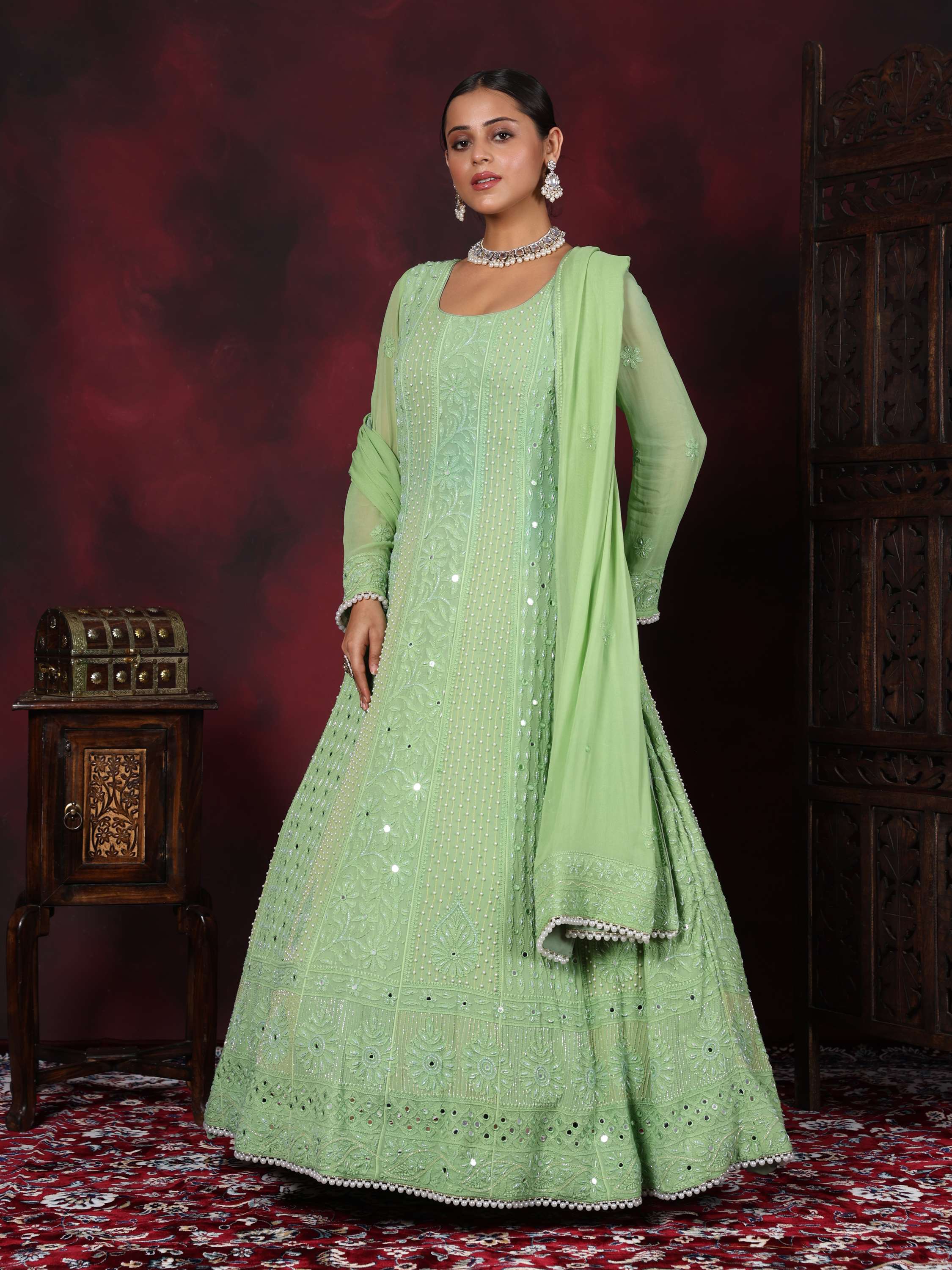 Fern Green Designer Pearl With Mirror Chikankari Anarkali Suit