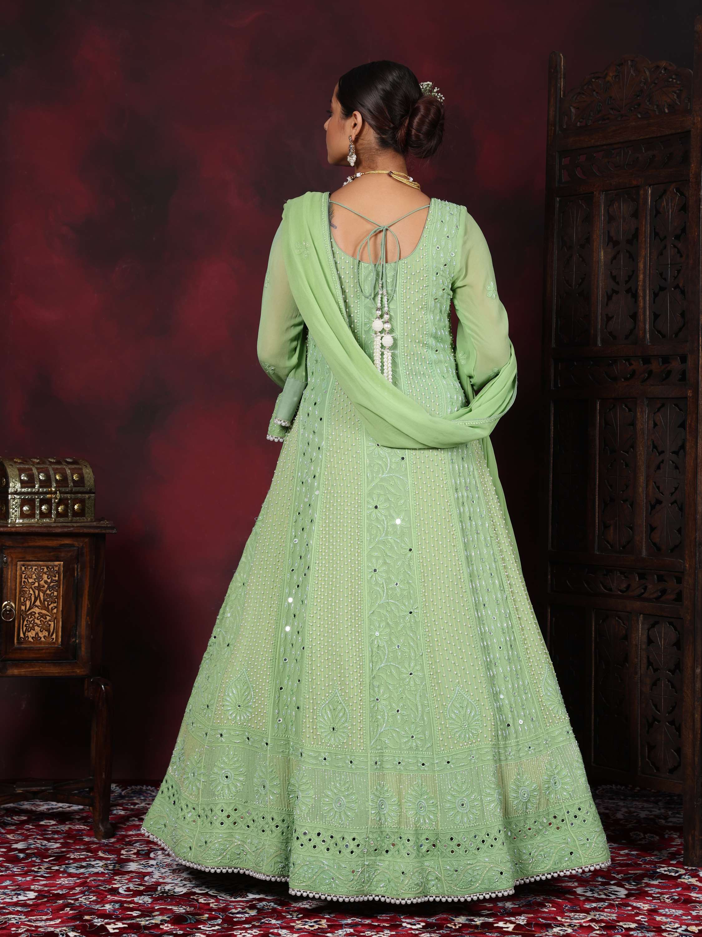 Fern Green Designer Pearl With Mirror Chikankari Anarkali Suit