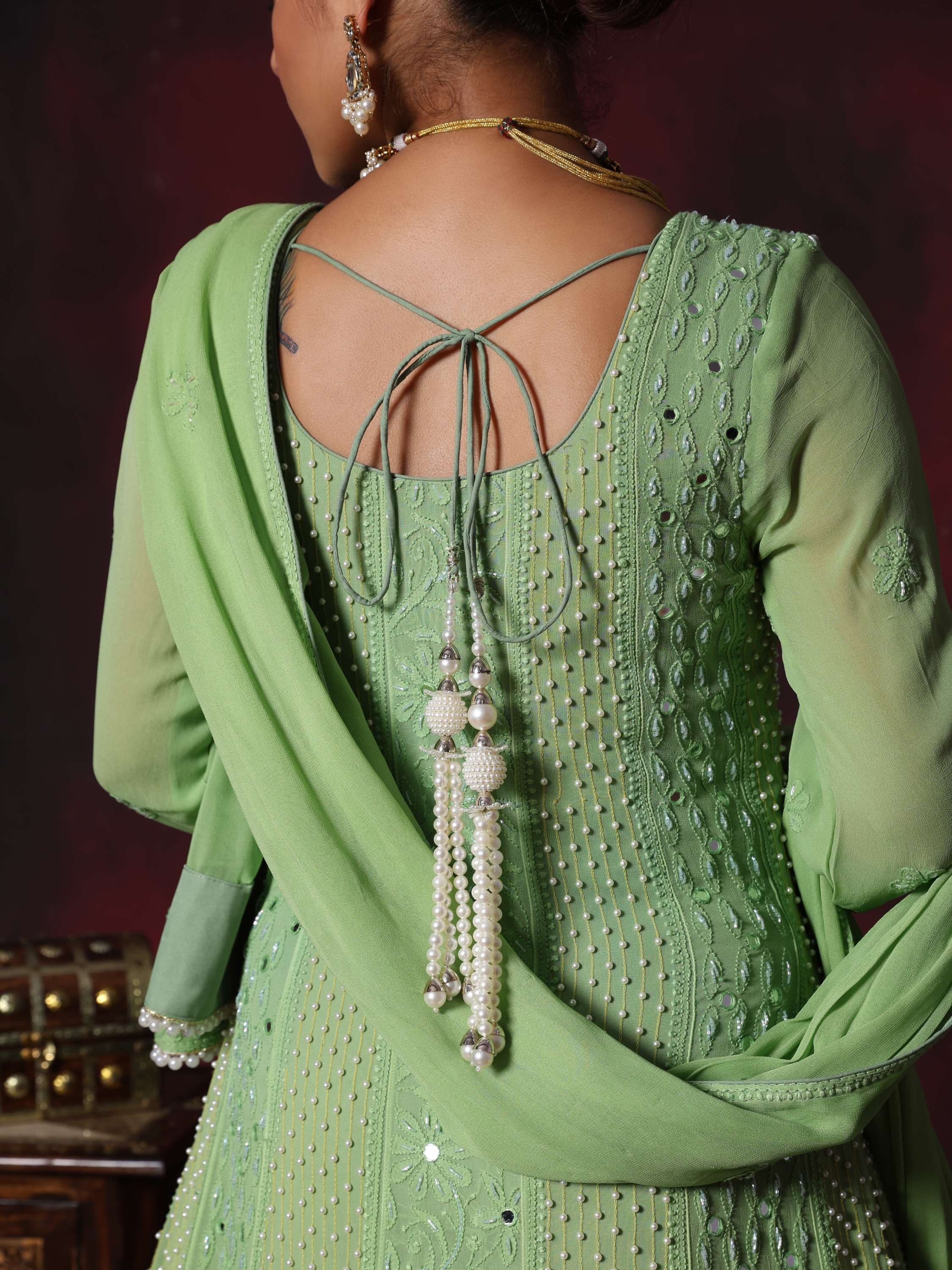 Fern Green Designer Pearl With Mirror Chikankari Anarkali Suit