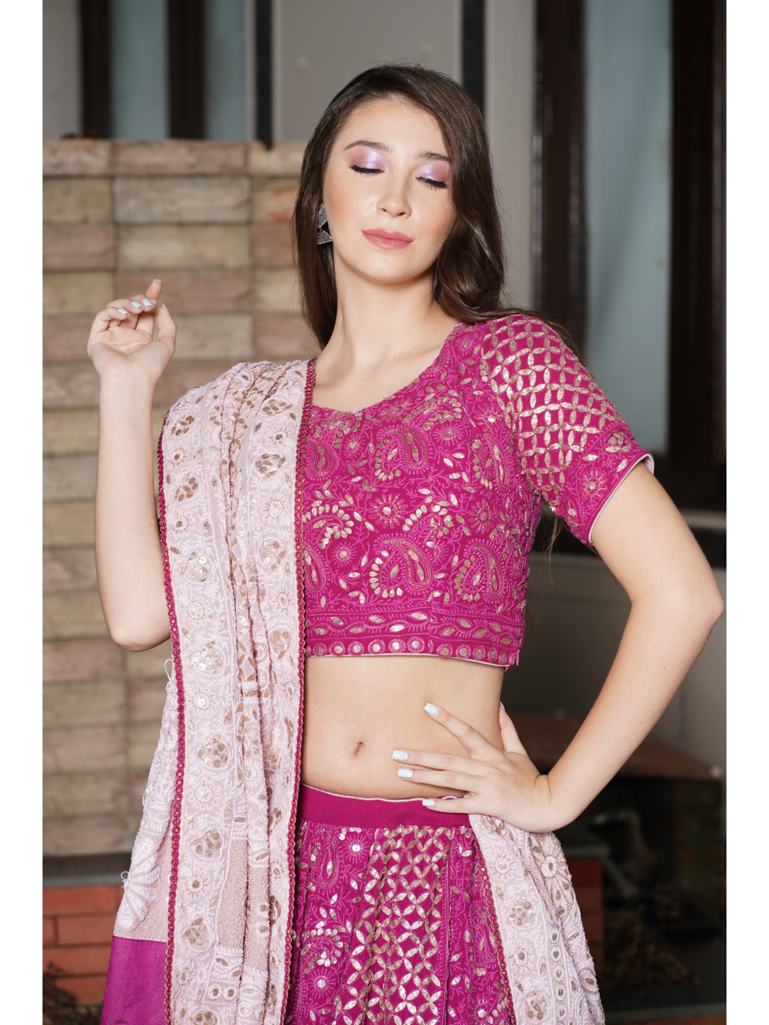 Wine Gota Pati Chikankari Handembroidered Lehenga Set