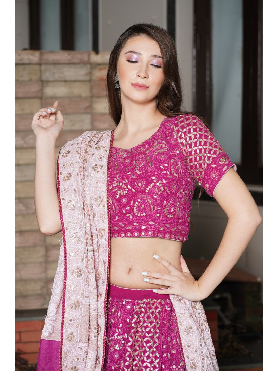 Wine Gota Patti Chikankari Handembroidered Lehenga