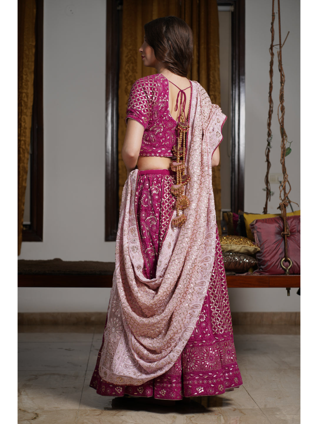 Wine Gota Pati Chikankari Handembroidered Lehenga Set