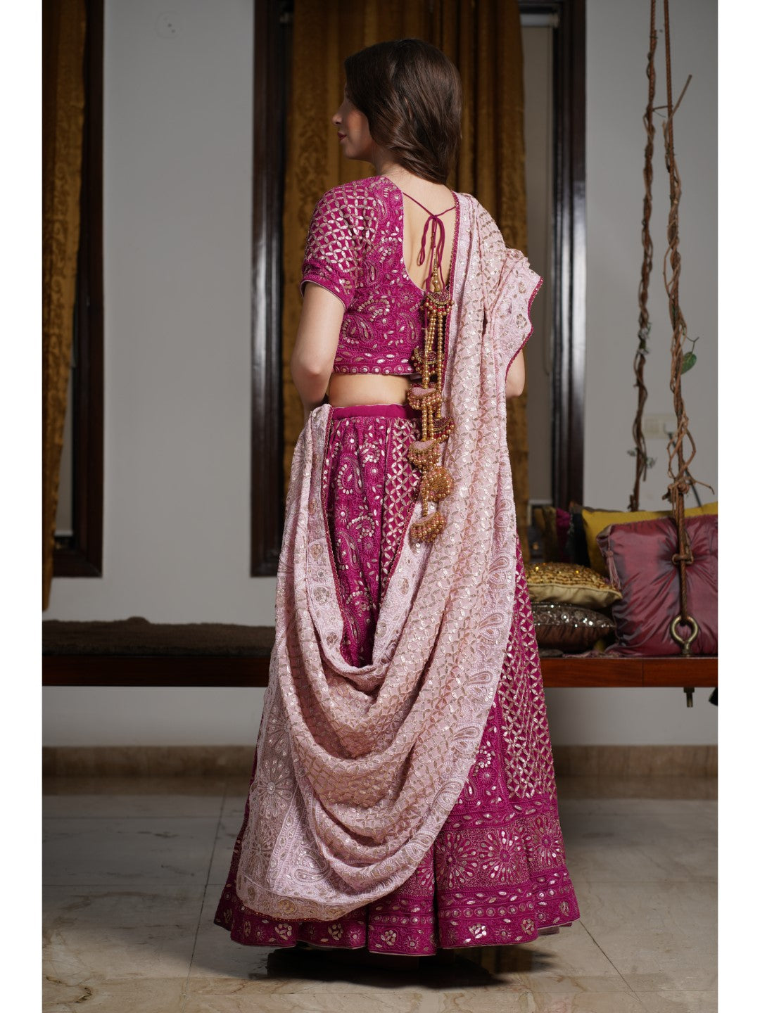 Wine Gota Patti Chikankari Handembroidered Lehenga