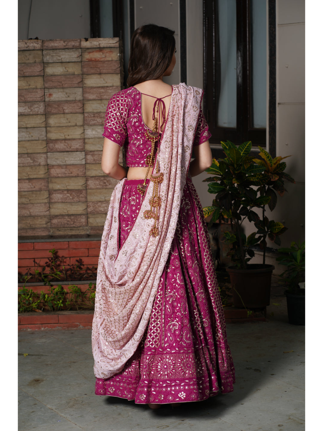 Wine Gota Pati Chikankari Handembroidered Lehenga Set