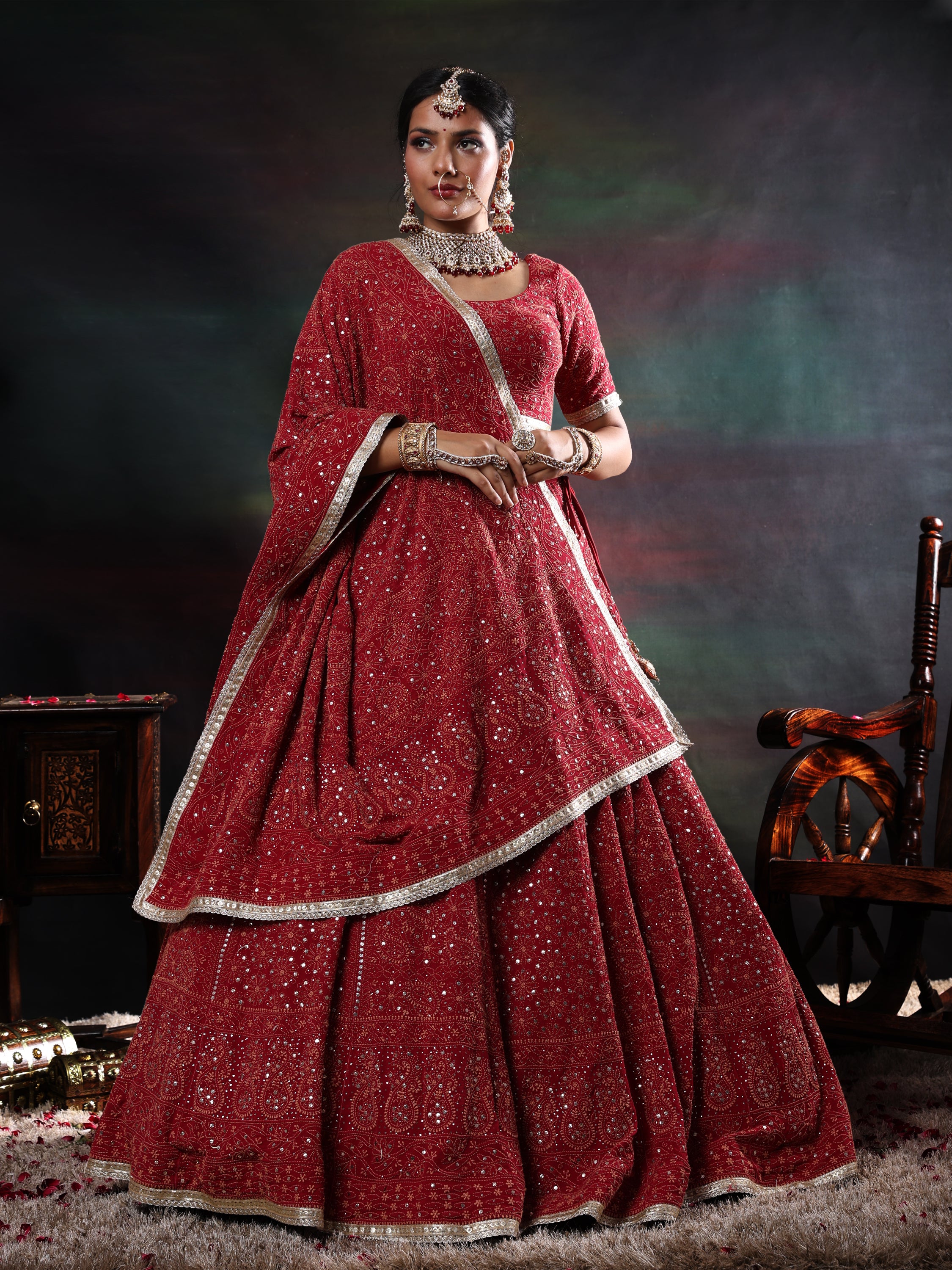 Maroon and Gold Mukaish Kamdani Pure georgette lehenga