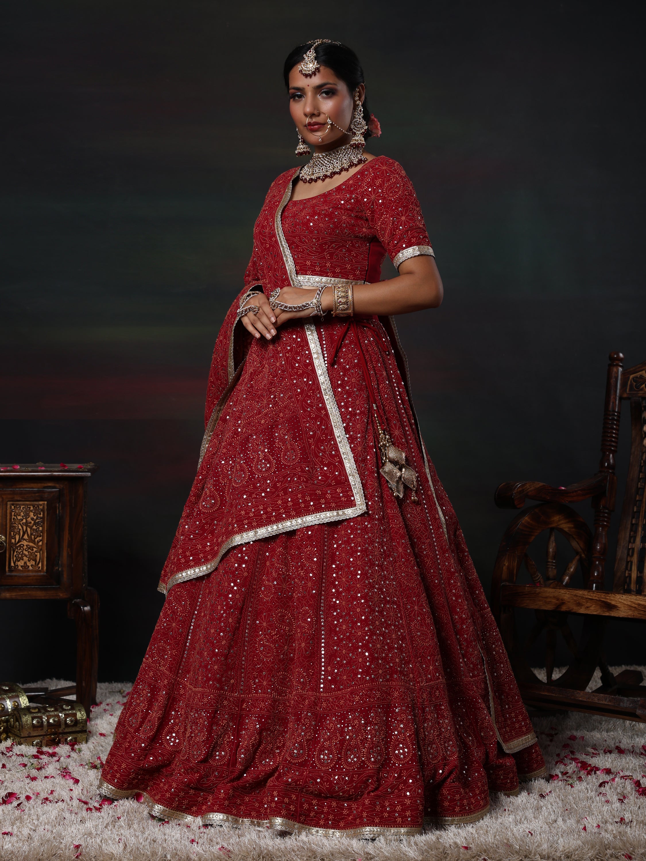 Maroon and Gold Mukaish Kamdani Pure georgette lehenga