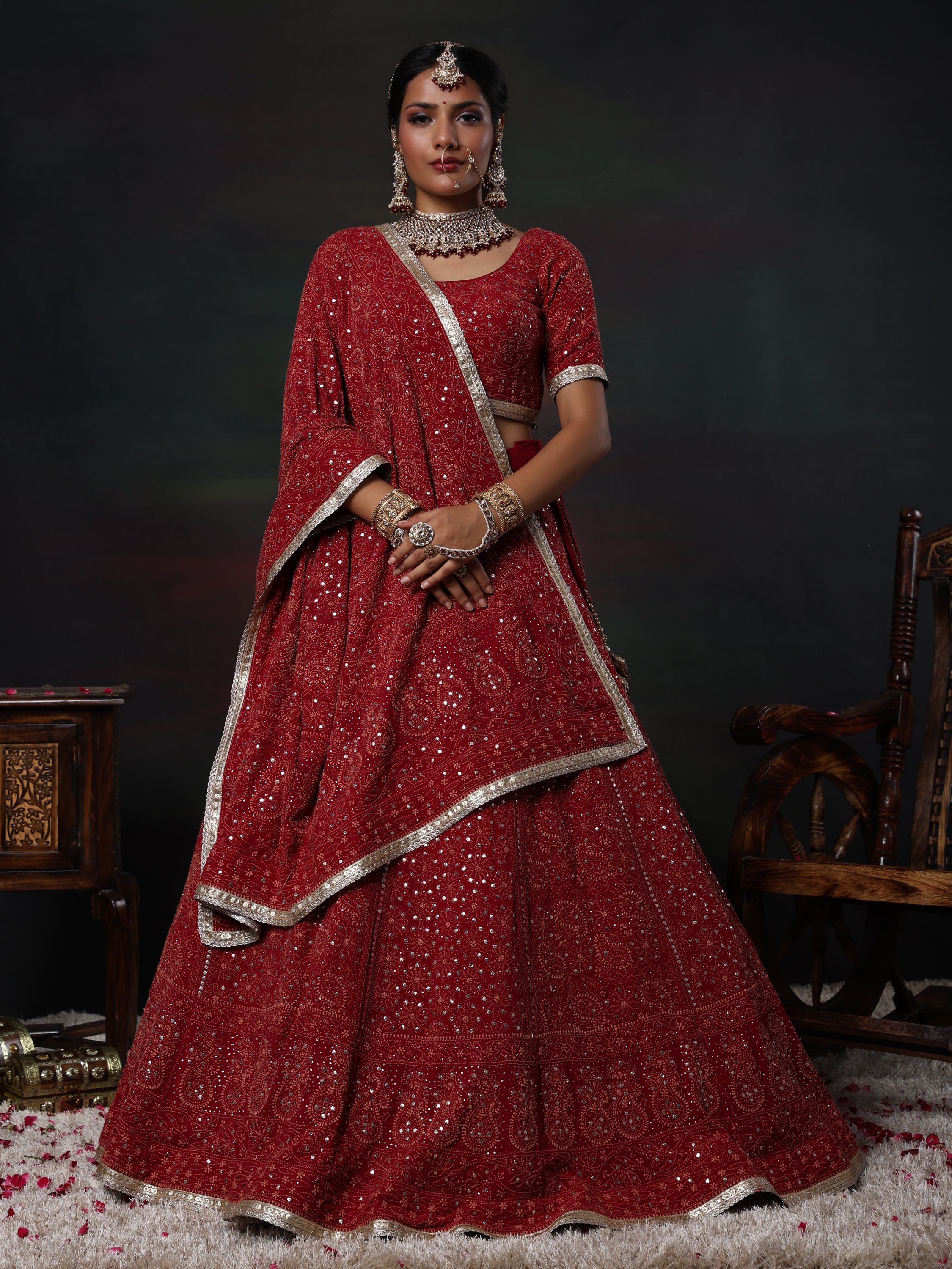 Maroon and Gold Mukaish Kamdani Pure georgette lehenga