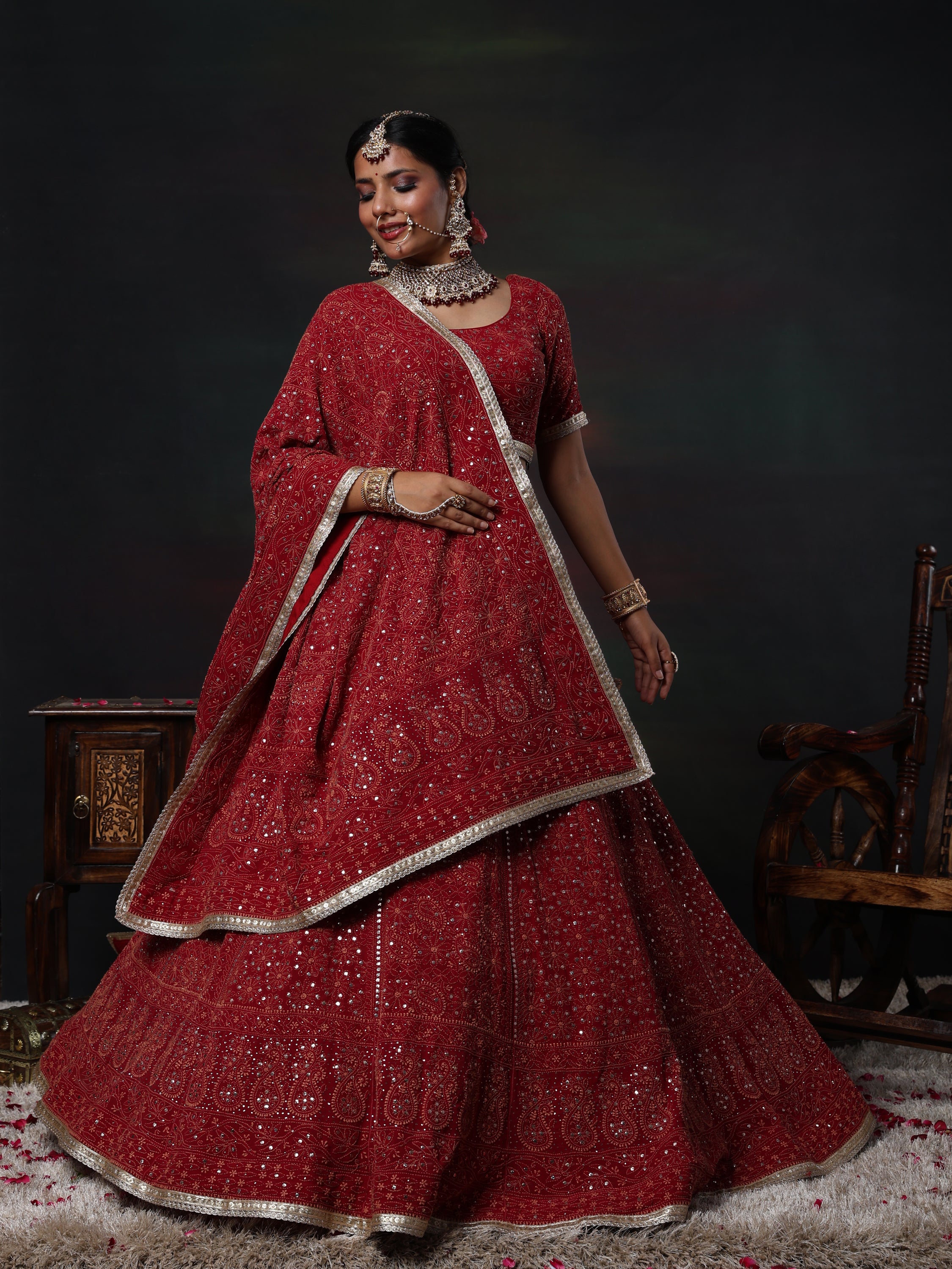 Maroon and Gold Mukaish Kamdani Pure georgette lehenga