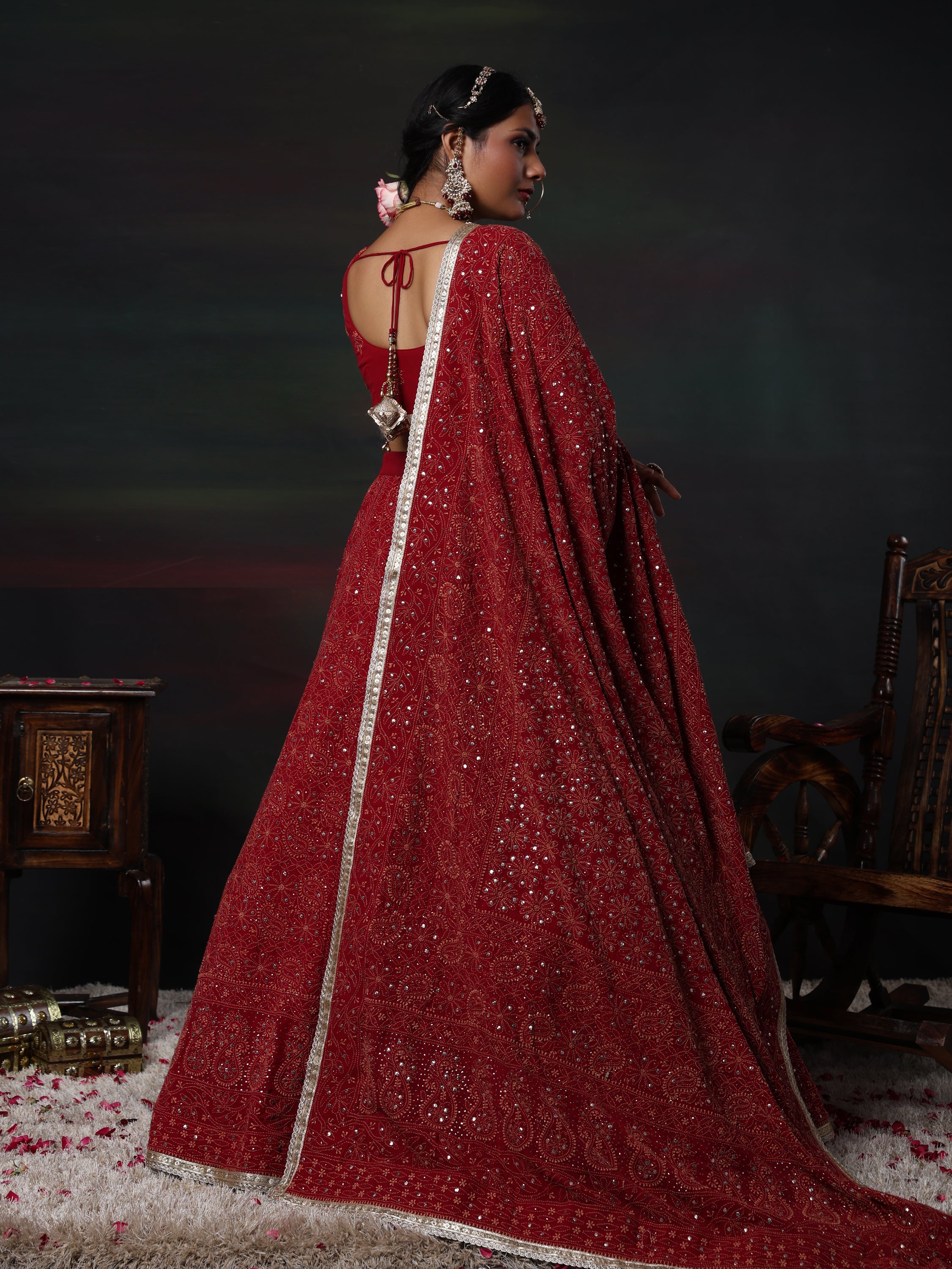 Maroon and Gold Mukaish Kamdani Pure georgette lehenga