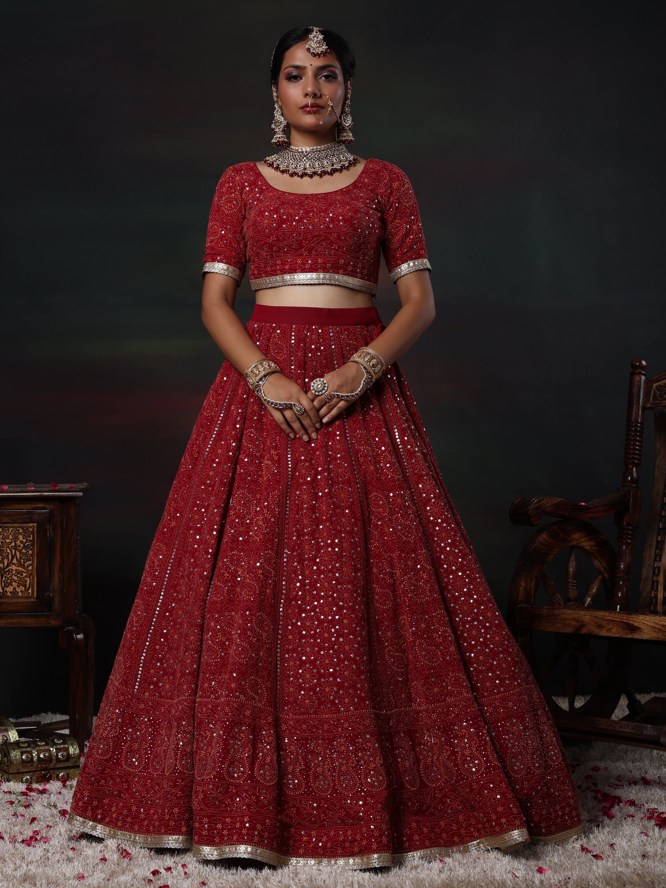 Maroon and Gold Mukaish Kamdani Pure georgette lehenga