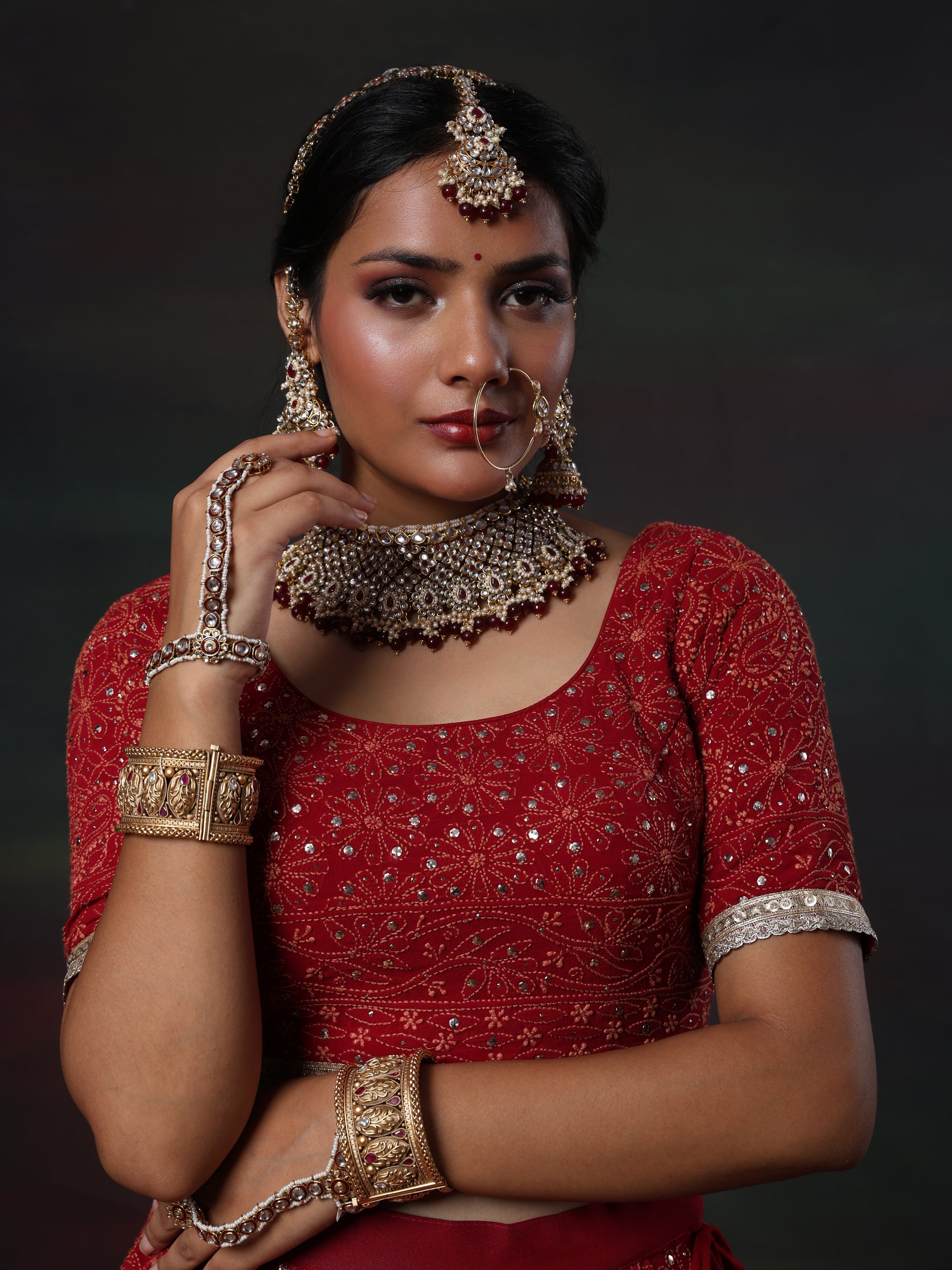Maroon and Gold Mukaish Kamdani Pure georgette lehenga