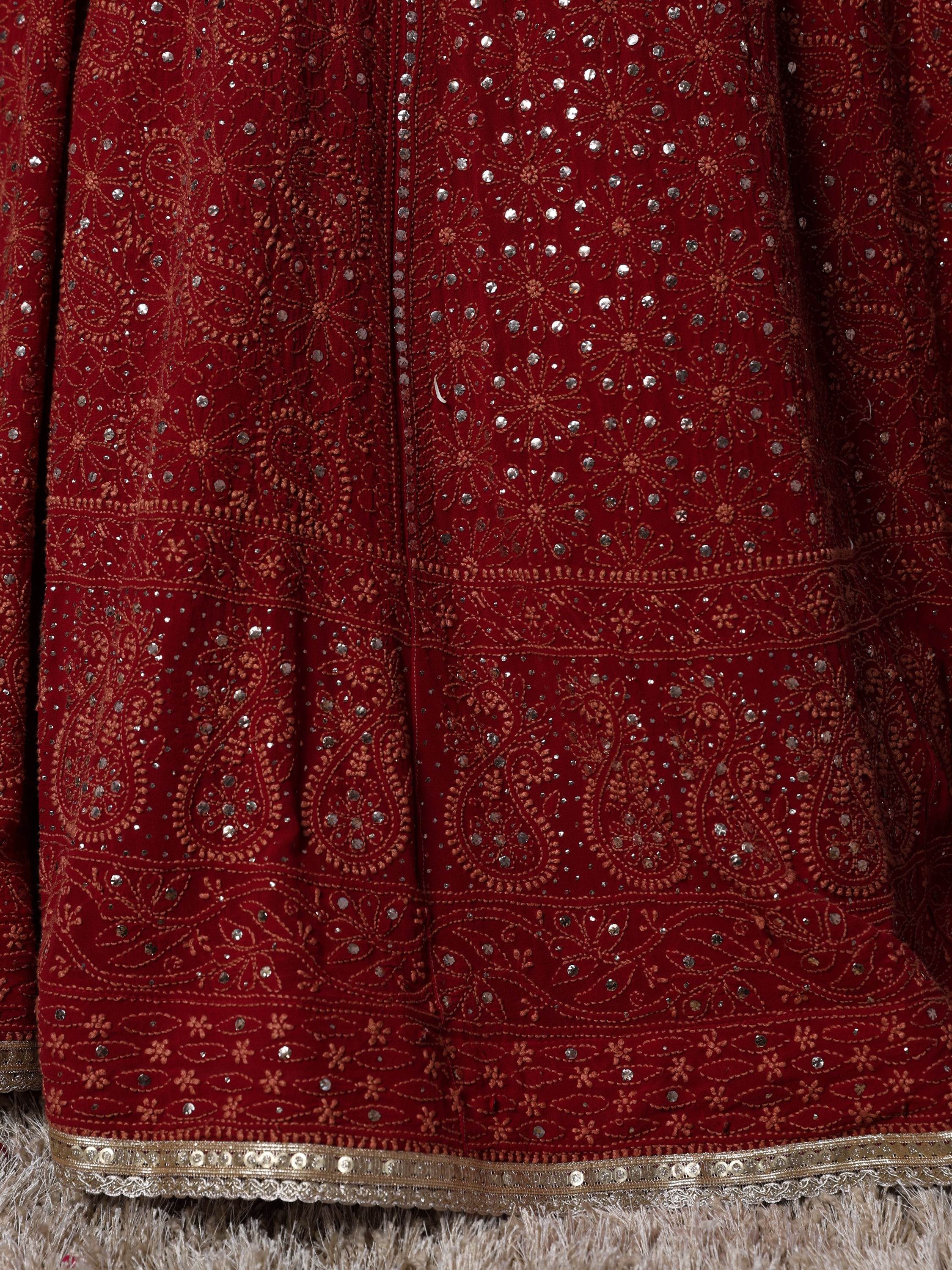 Maroon and Gold Mukaish Kamdani Pure georgette lehenga