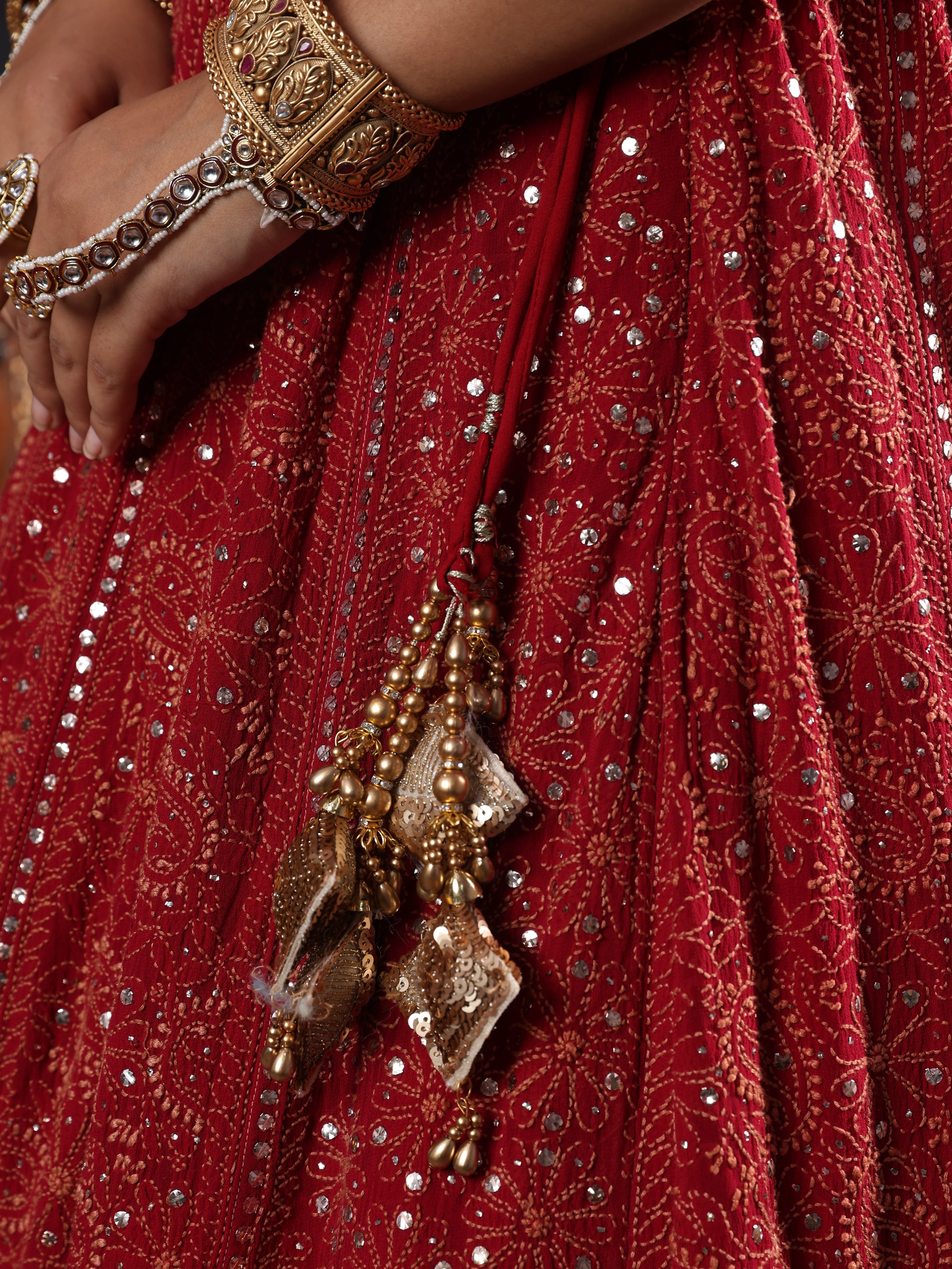 Maroon and Gold Mukaish Kamdani Pure georgette lehenga