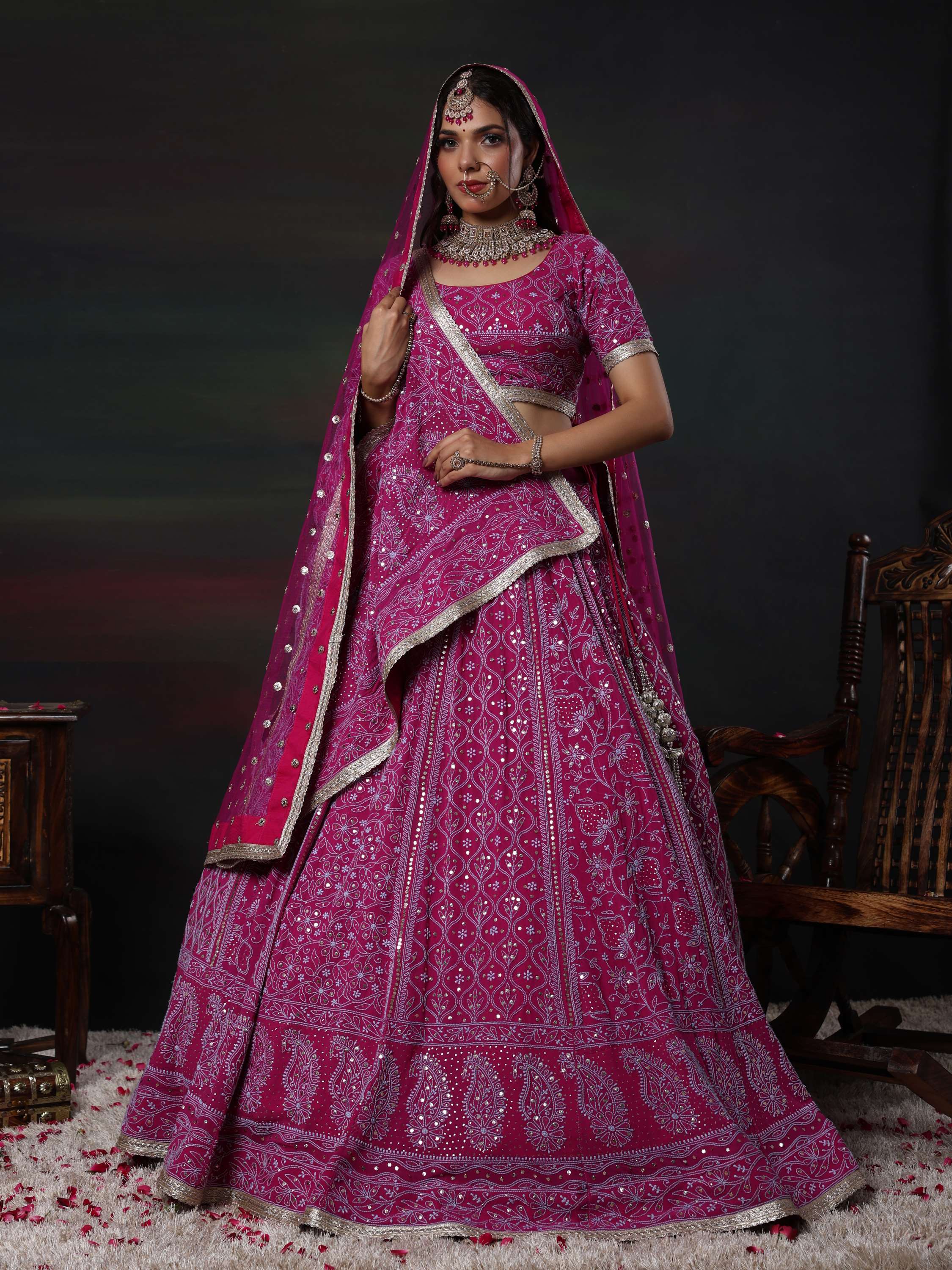 Royal Fuschia Gold Chikankari Mukaish Kamdani Lehenga Set