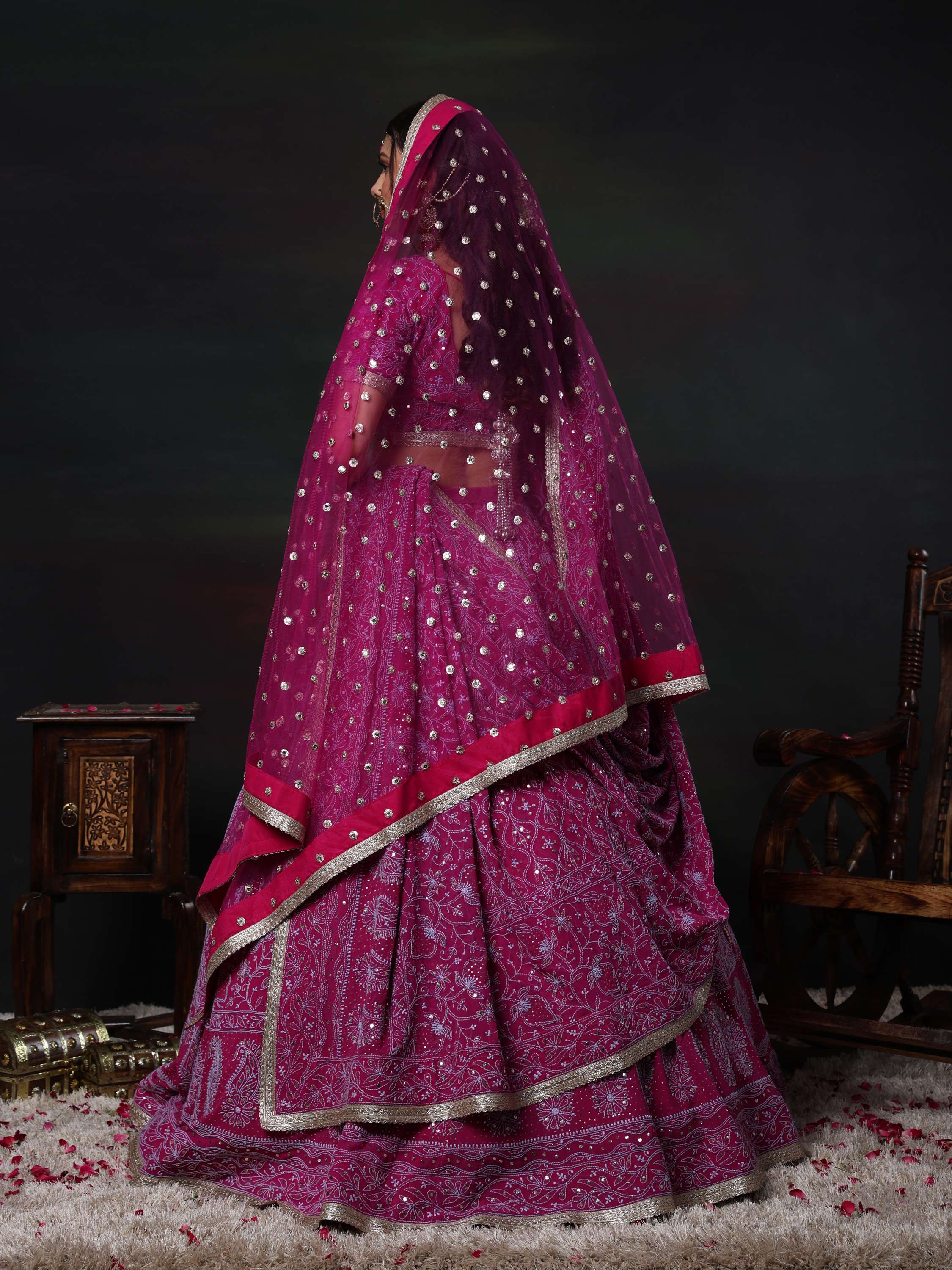 Royal Fuschia Gold Chikankari Mukaish Kamdani Lehenga Set