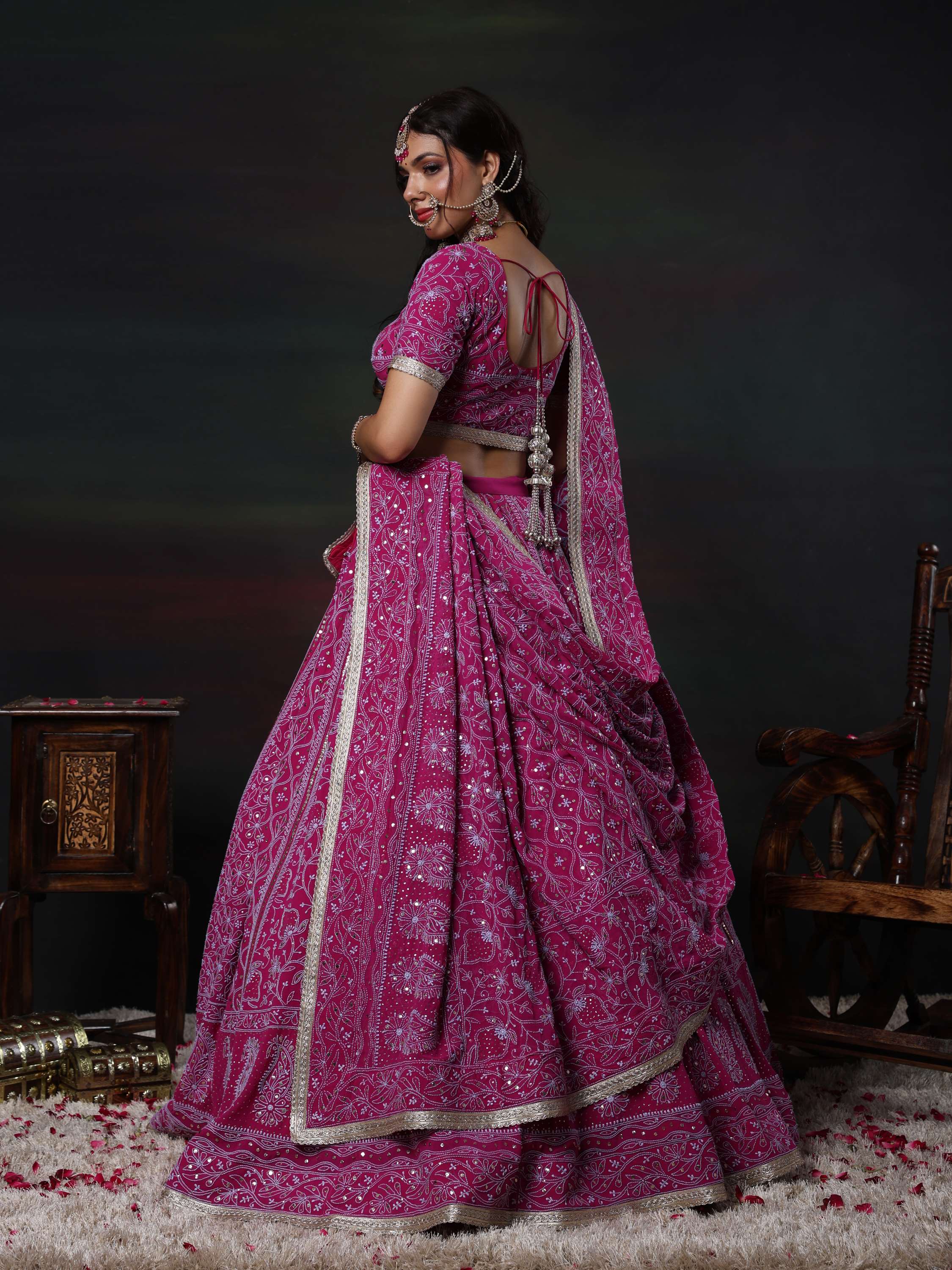 Royal Fuschia Gold Chikankari Mukaish Kamdani Lehenga Set