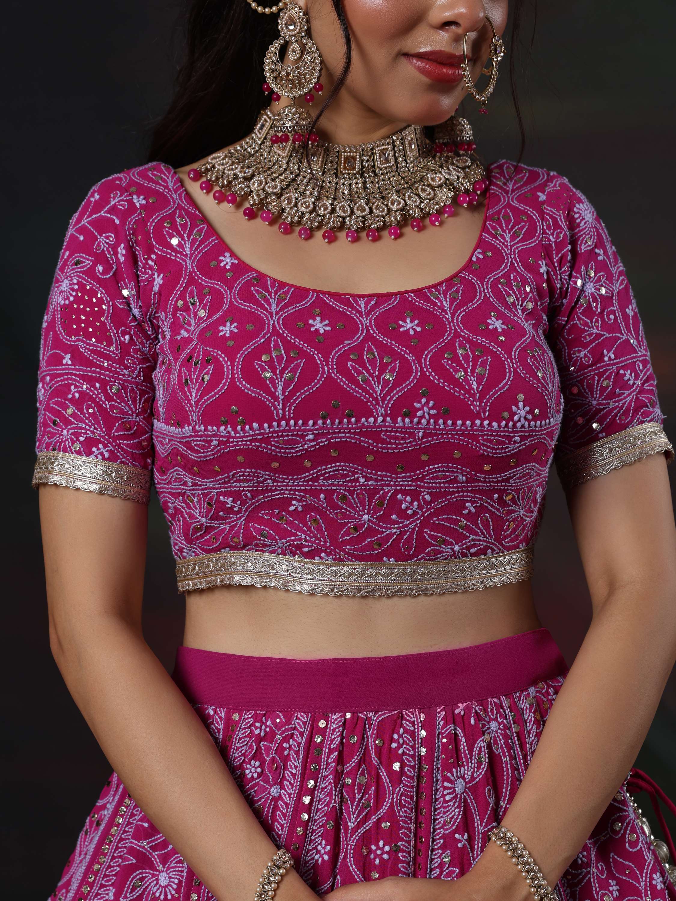 Royal Fuschia Gold Chikankari Mukaish Kamdani Lehenga Set