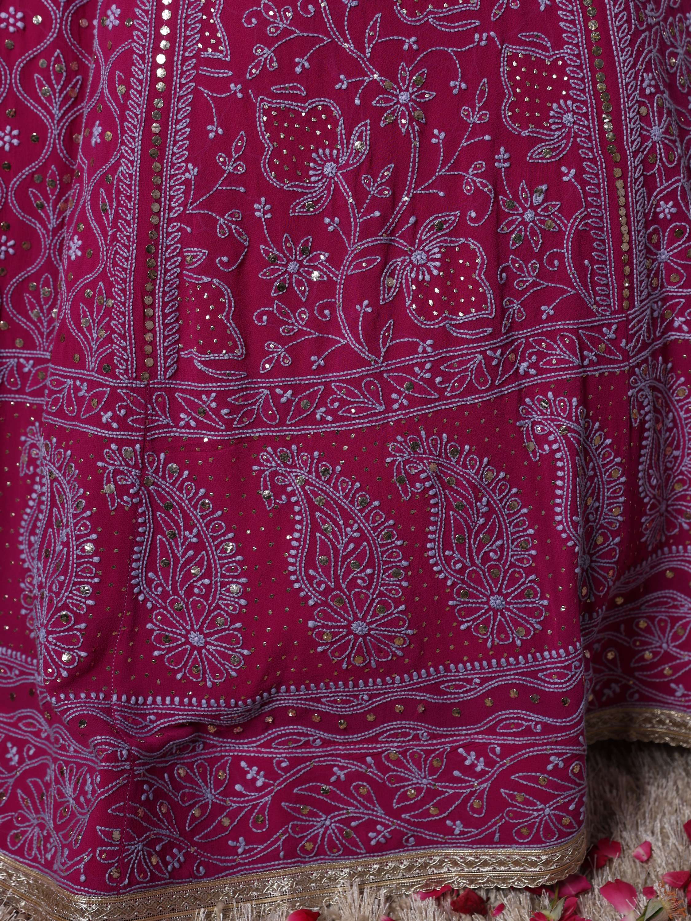 Royal Fuschia Gold Chikankari Mukaish Kamdani Lehenga Set