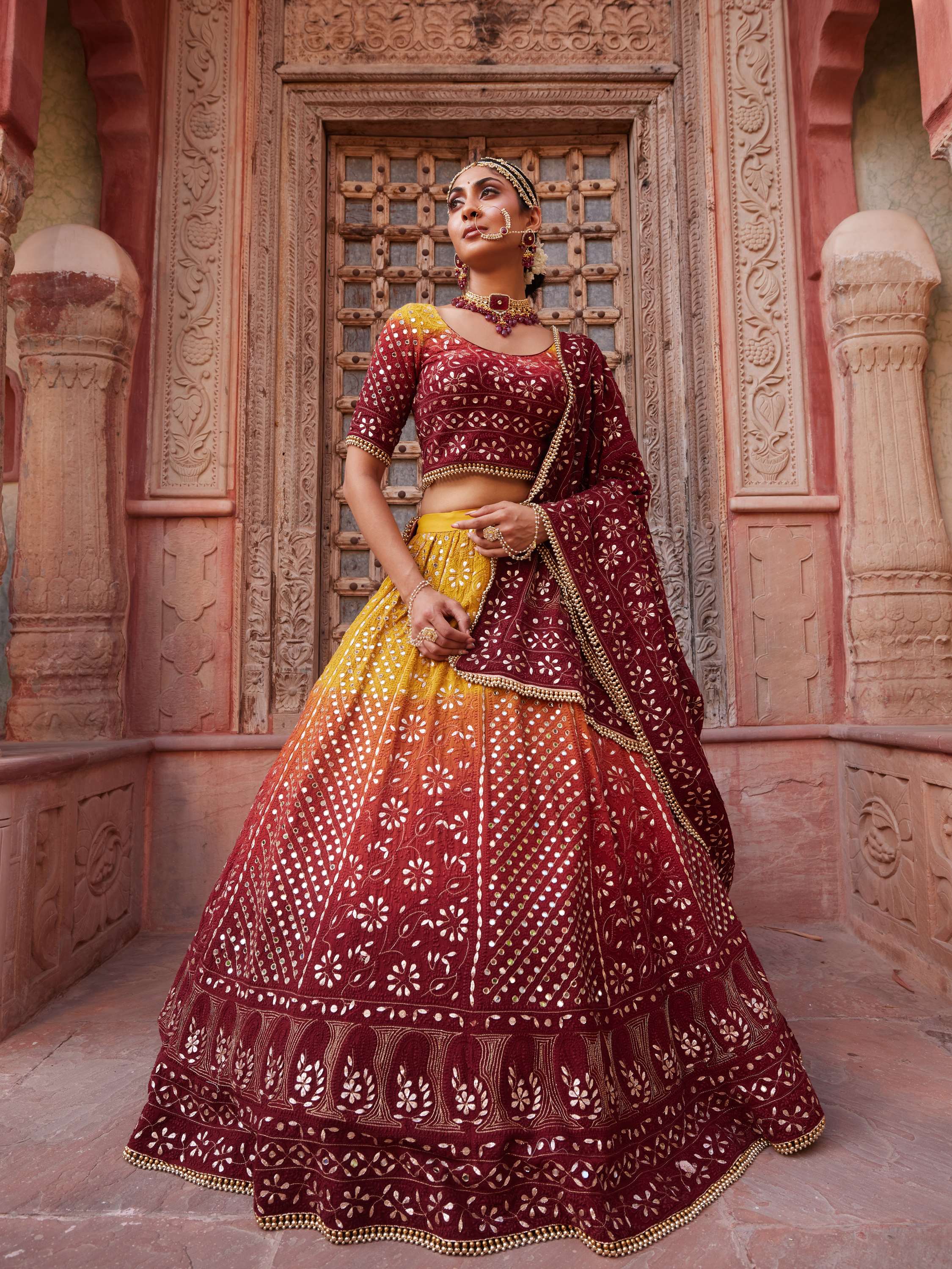 Ombre Gold Mirror & Gota Pati Handcrafted Lehenga Set