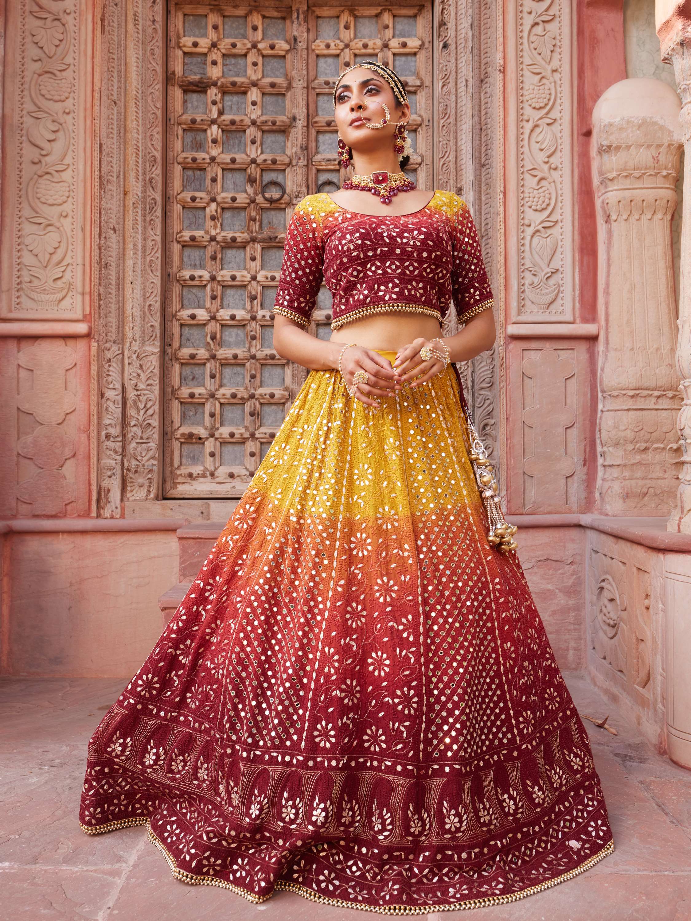 Ombre Gold Mirror & Gota Pati Handcrafted Lehenga Set
