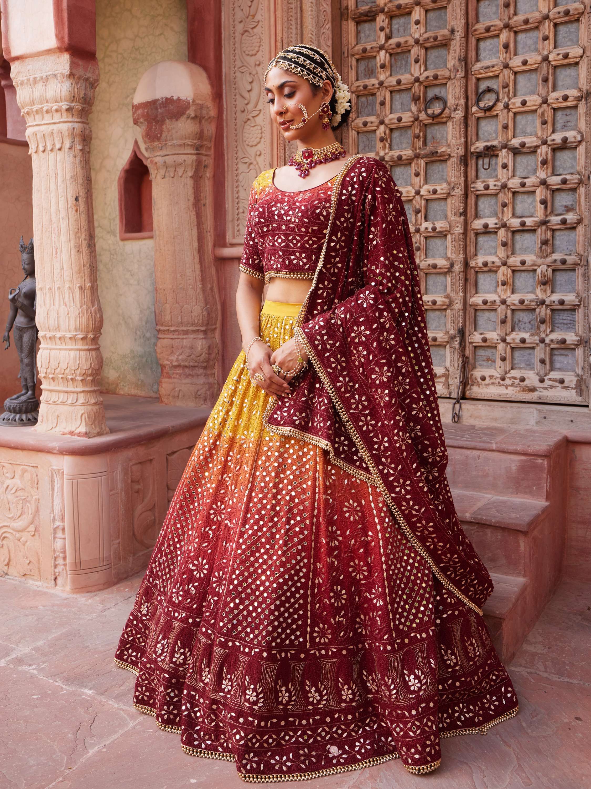 Ombre Gold Mirror & Gota Pati Handcrafted Lehenga Set