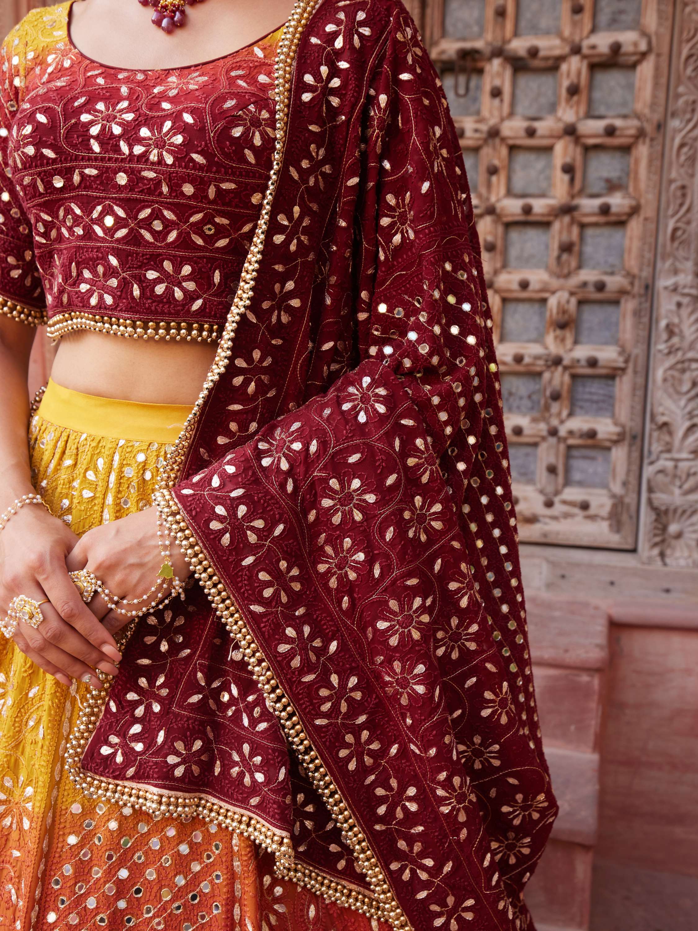 Ombre Gold Mirror & Gota Pati Handcrafted Lehenga Set