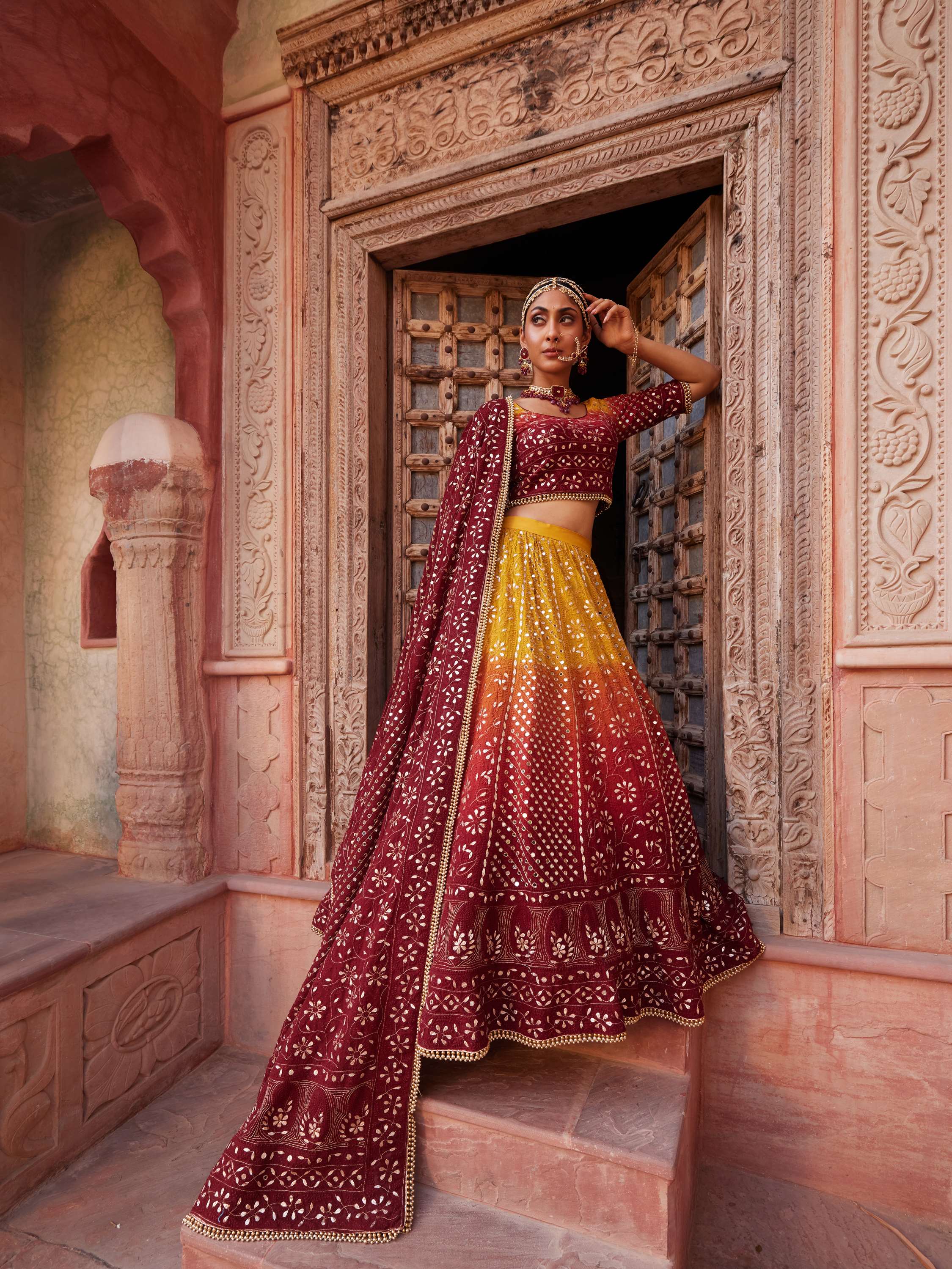 Ombre Gold Mirror & Gota Pati Handcrafted Lehenga Set