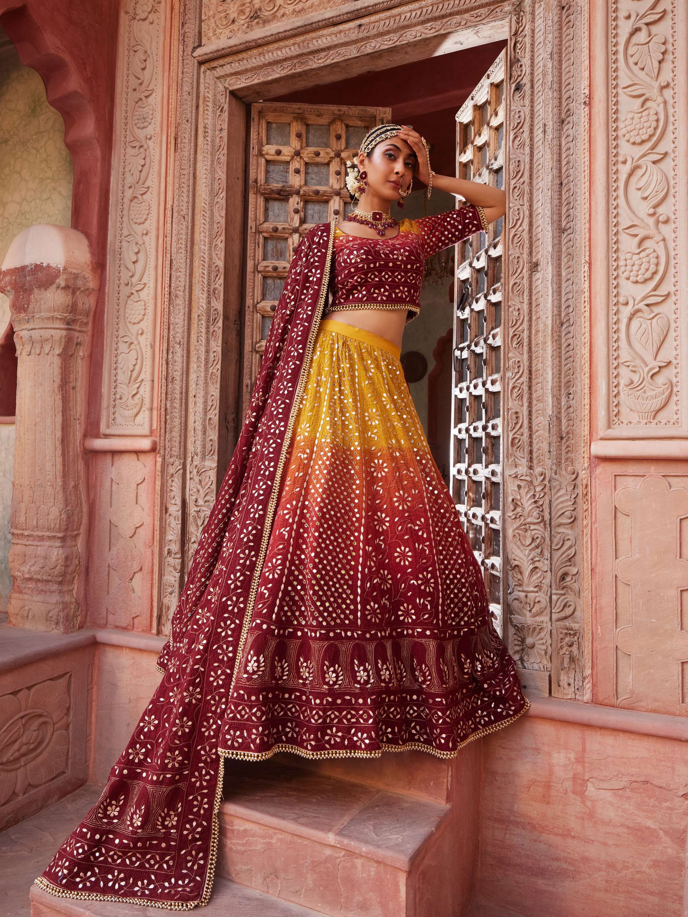 Ombre Gold Mirror & Gota Pati Handcrafted Lehenga Set