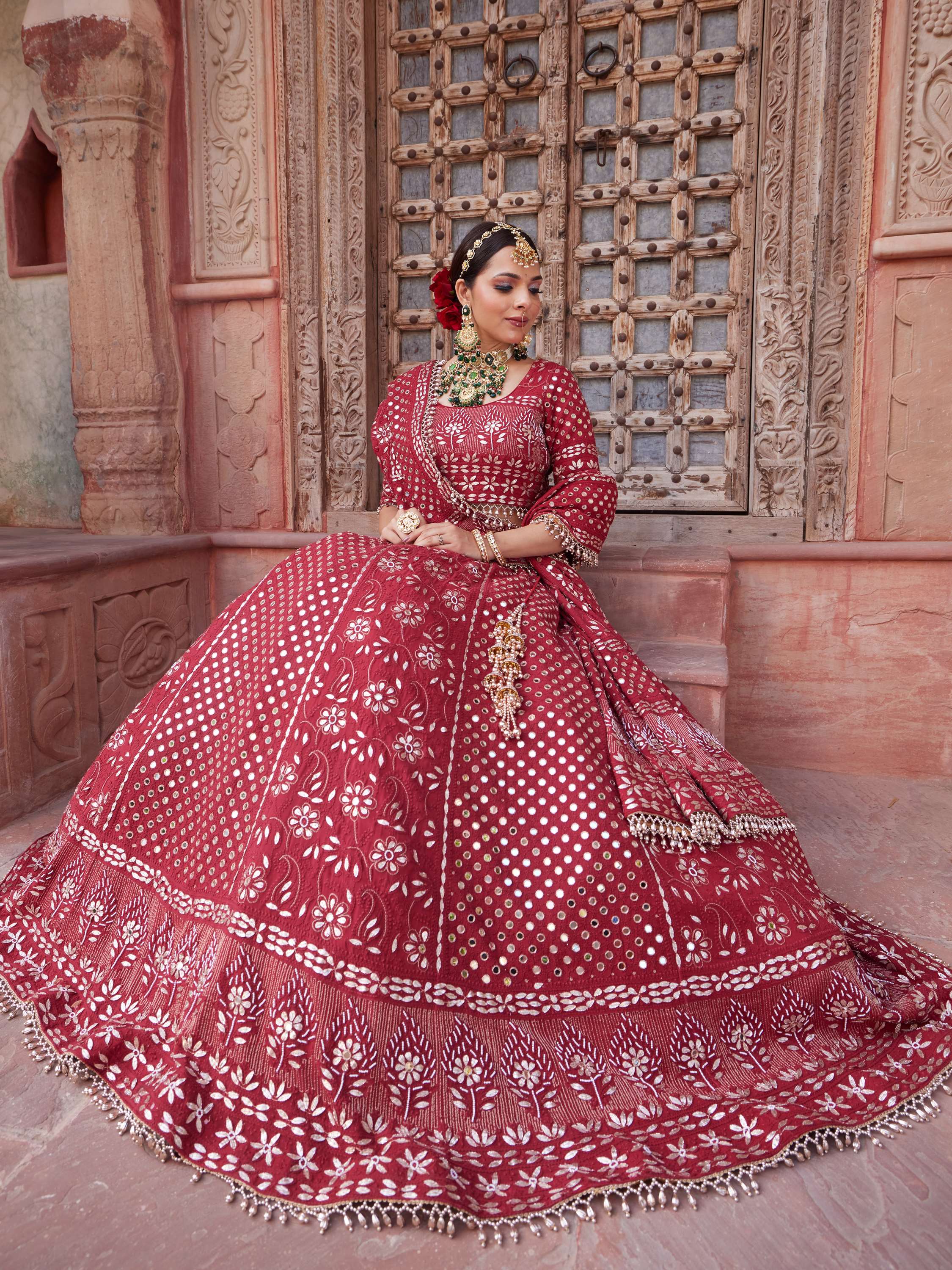 Aesthetic Maroon Mirror & Gota Handcrafted Lehenga Set