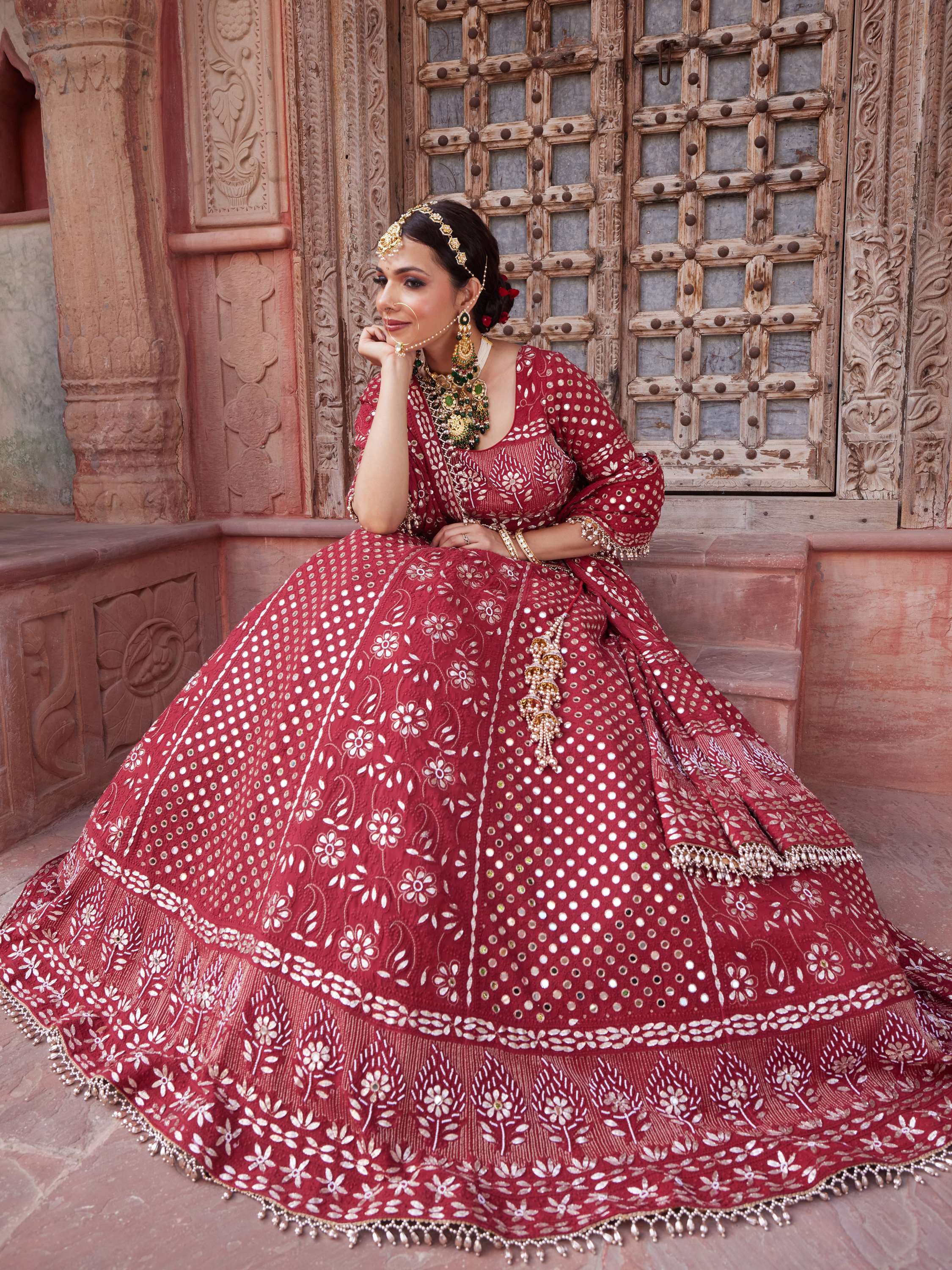 Aesthetic Maroon Mirror & Gota Handcrafted Lehenga Set