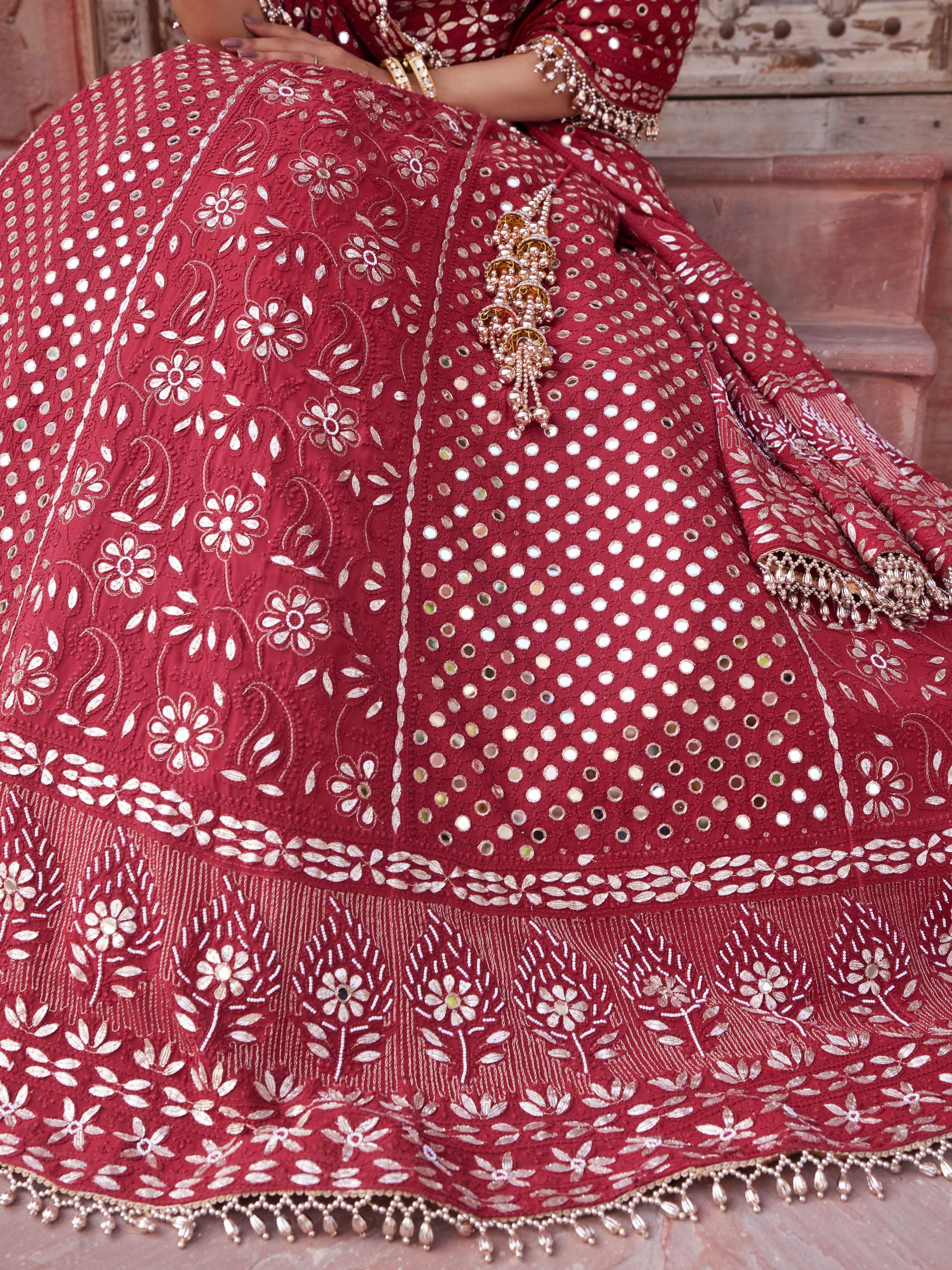 Aesthetic Maroon Mirror & Gota Handcrafted Lehenga Set