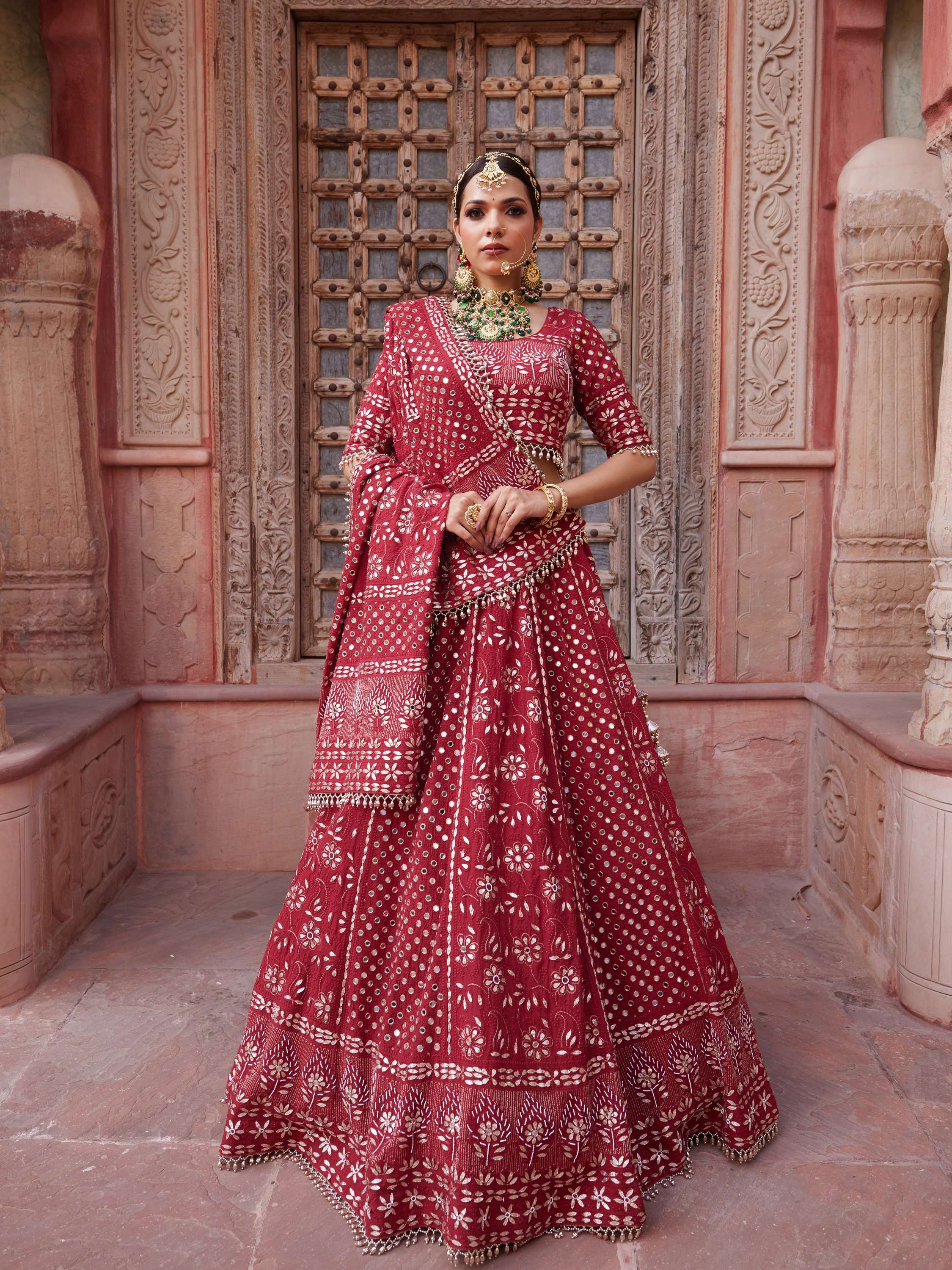 Aesthetic Maroon Mirror & Gota Handcrafted Lehenga Set
