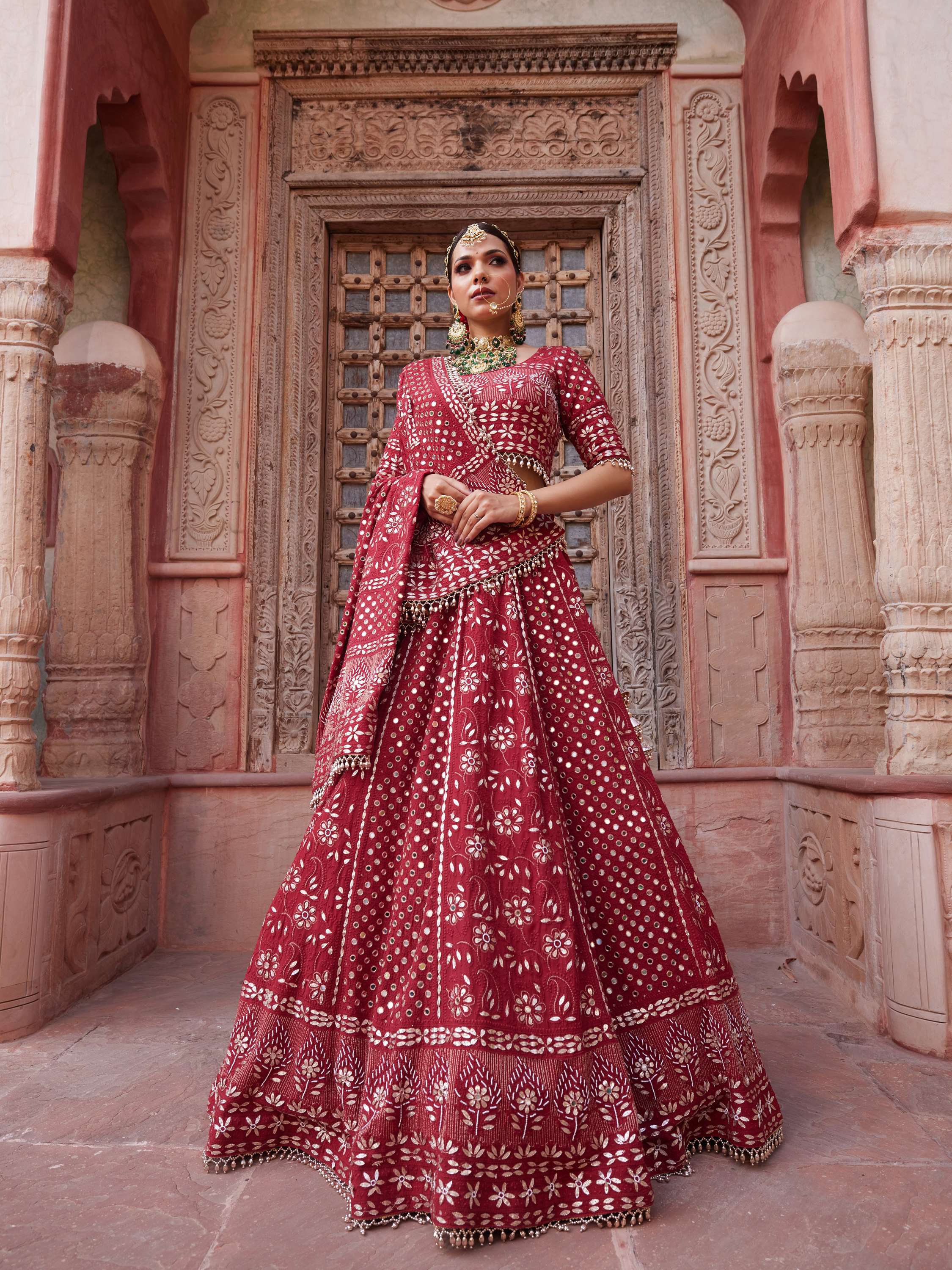 Aesthetic Maroon Mirror & Gota Handcrafted Lehenga Set