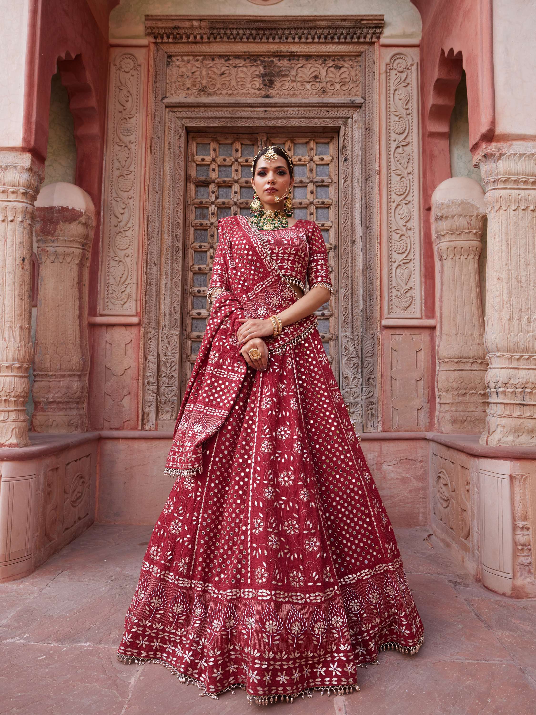 Aesthetic Maroon Mirror & Gota Handcrafted Lehenga Set