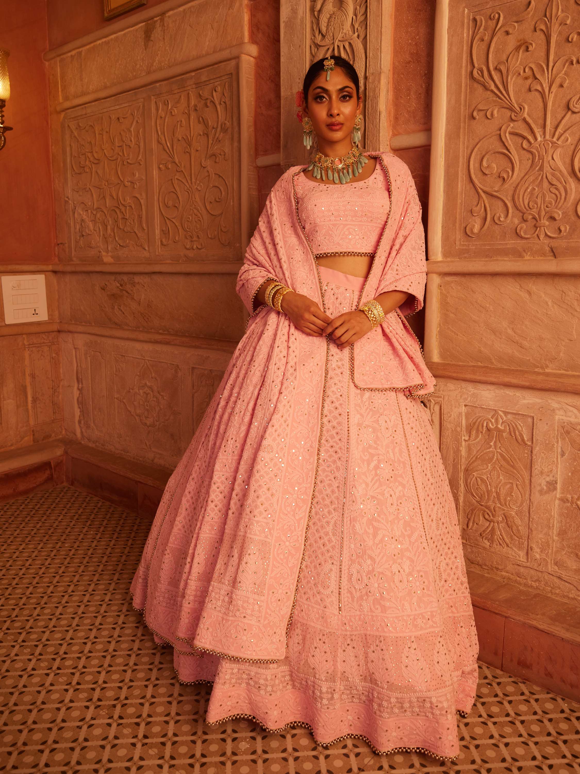 Blush Pink Mukaish Kamdani Chikankari Lehenga Set