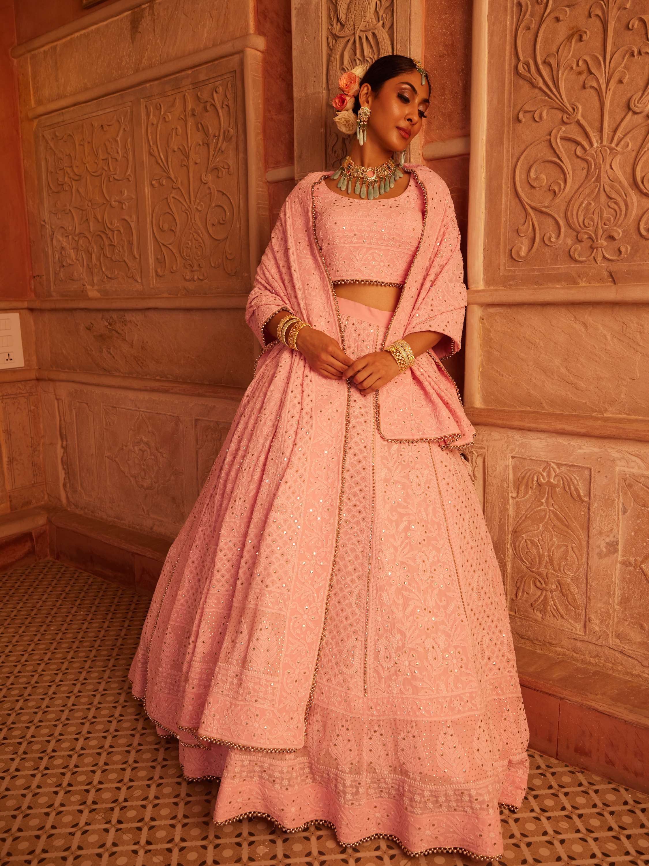Blush Pink Mukaish Kamdani Chikankari Lehenga Set