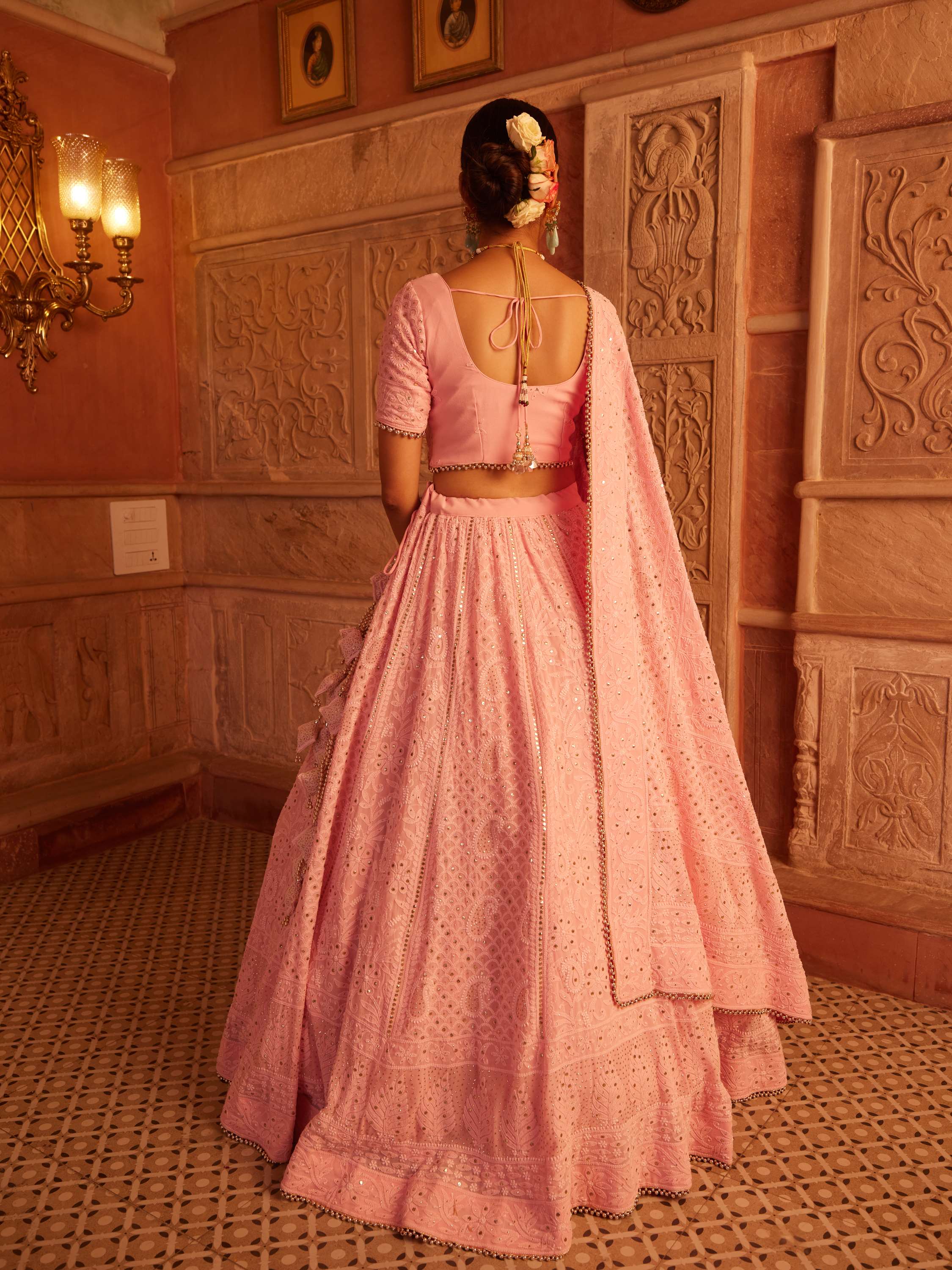 Blush Pink Mukaish Kamdani Chikankari Lehenga Set