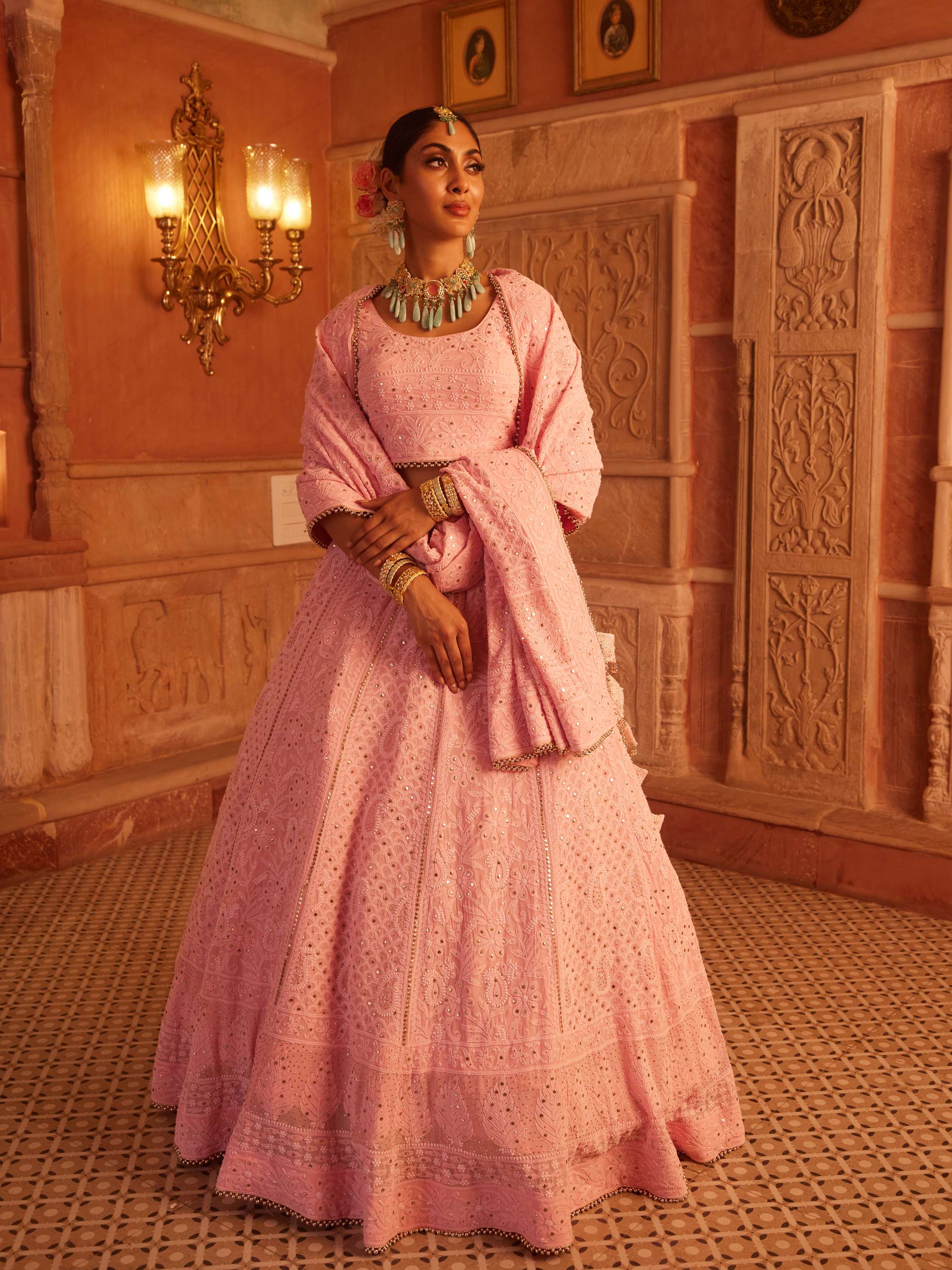 Blush Pink Mukaish Kamdani Chikankari Lehenga Set
