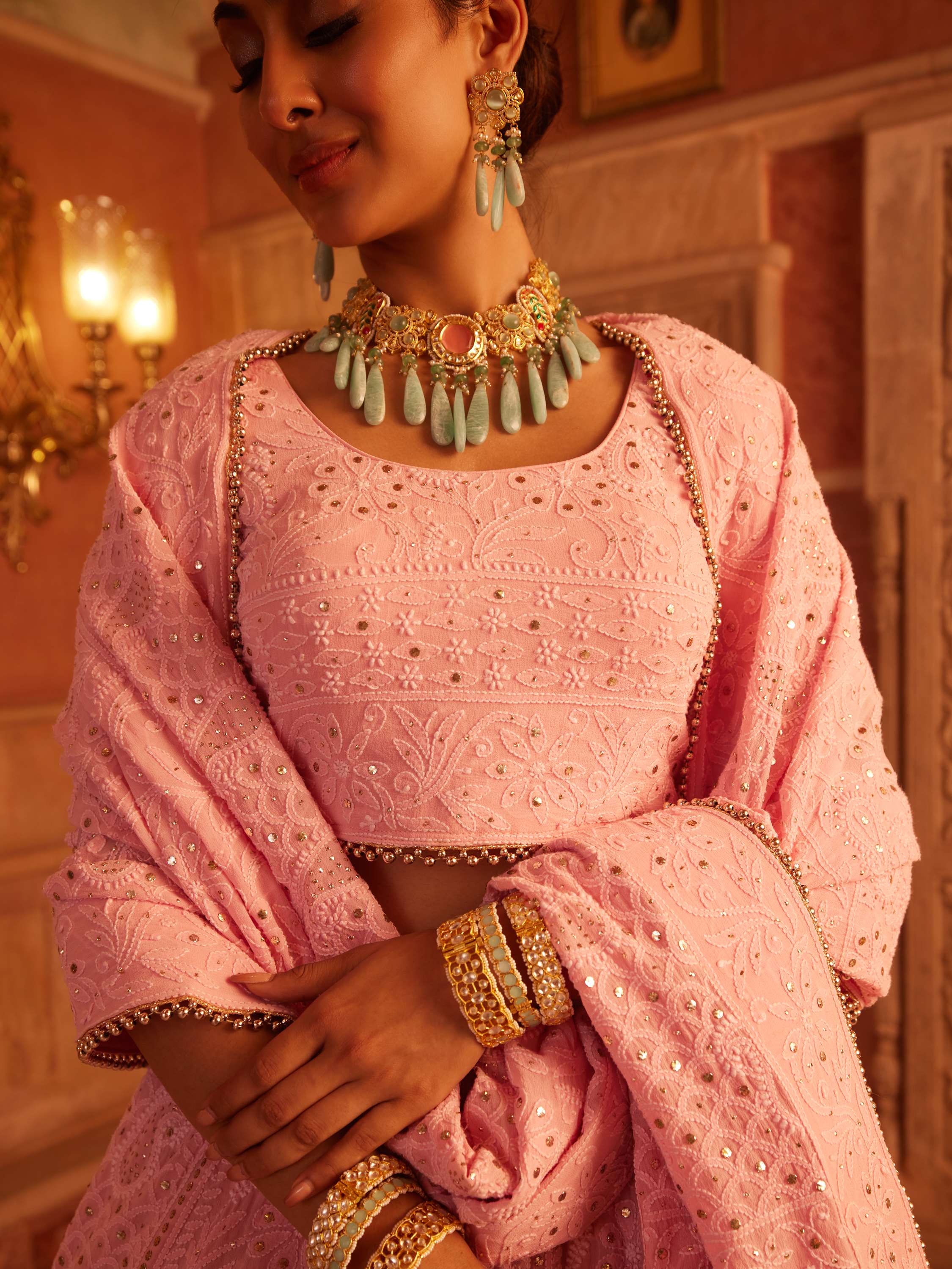 Blush Pink Mukaish Kamdani Chikankari Lehenga Set