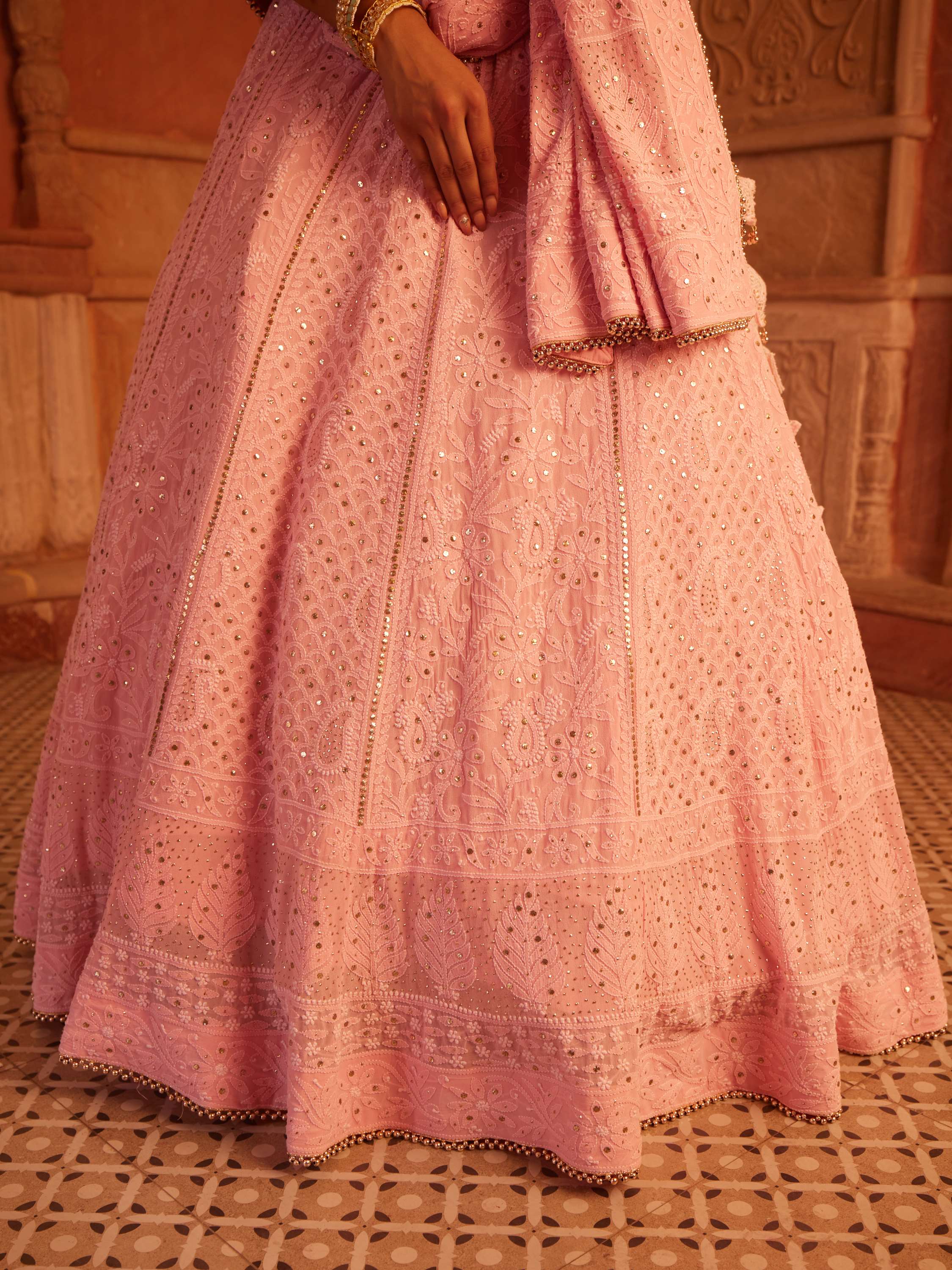 Blush Pink Mukaish Kamdani Chikankari Lehenga Set