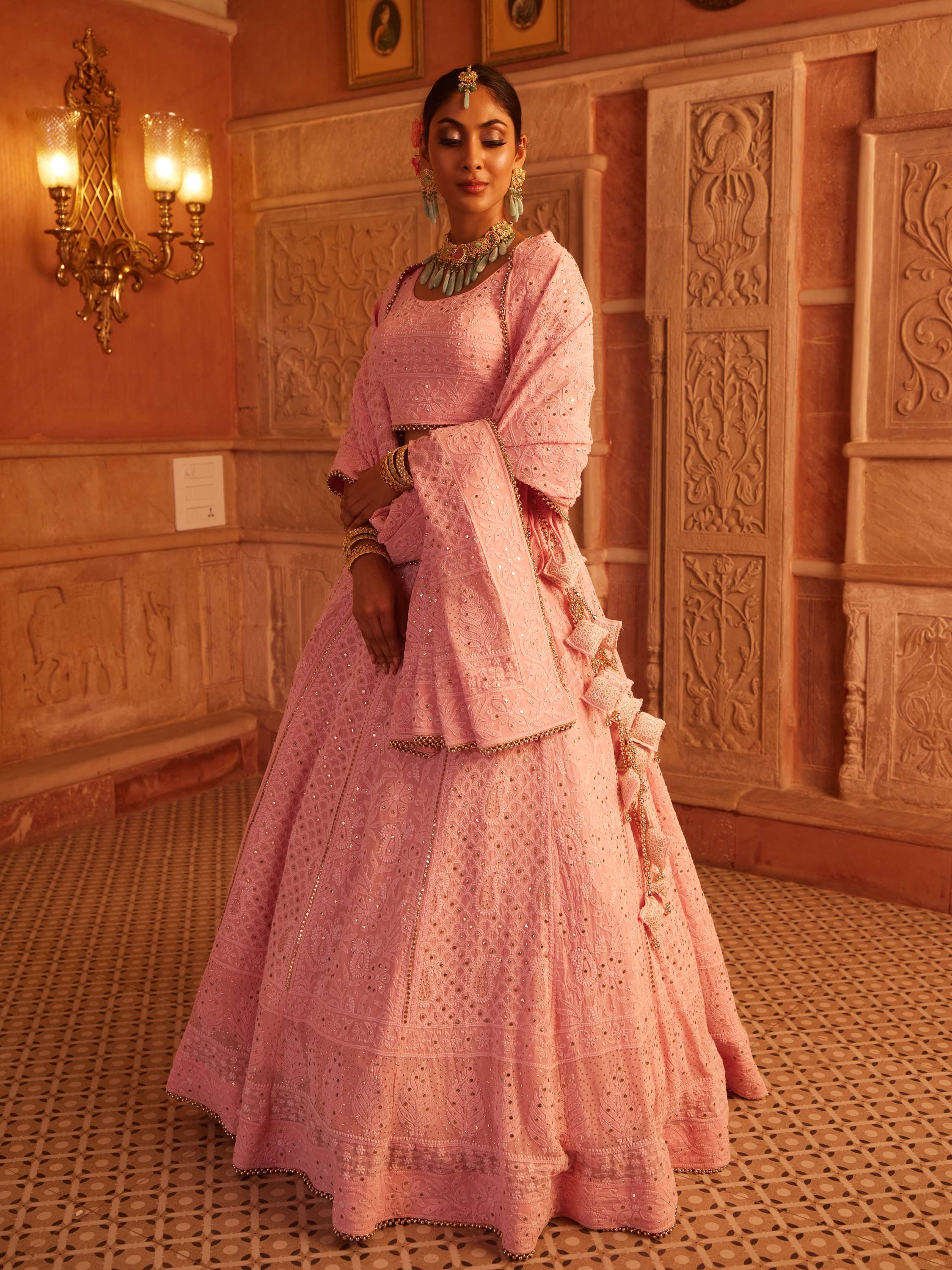 Blush Pink Mukaish Kamdani Chikankari Lehenga Set